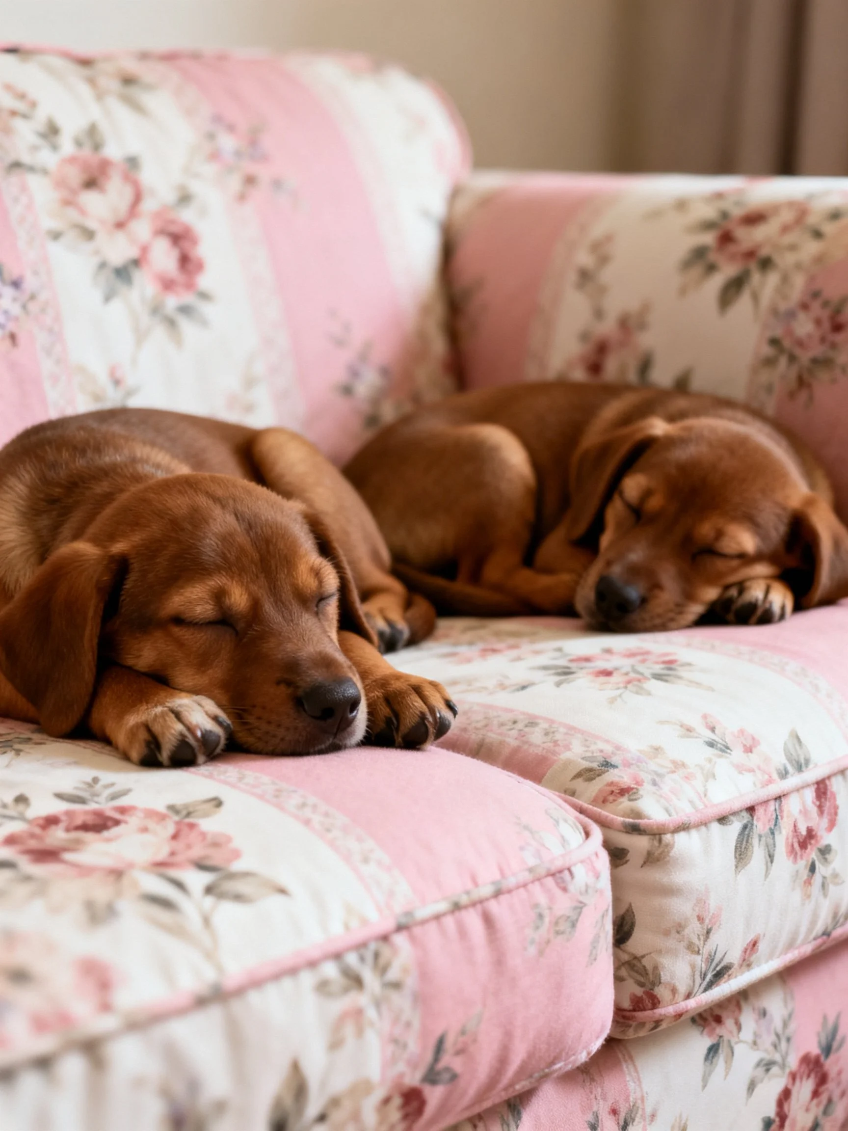 Two brown puppies rest on a pink floral-patterned couch.