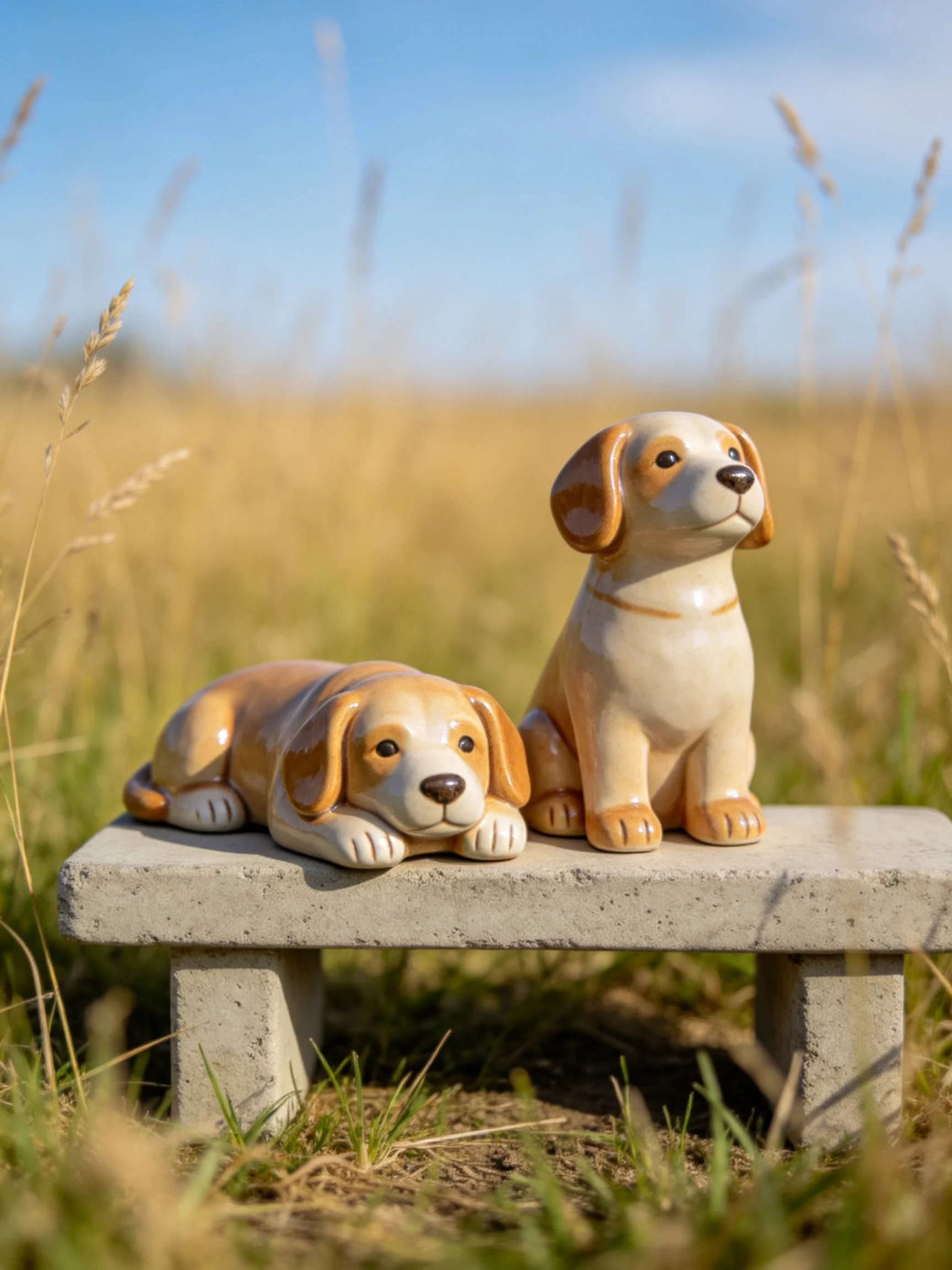 Two ceramic dogs rest on a concrete bench in an open field