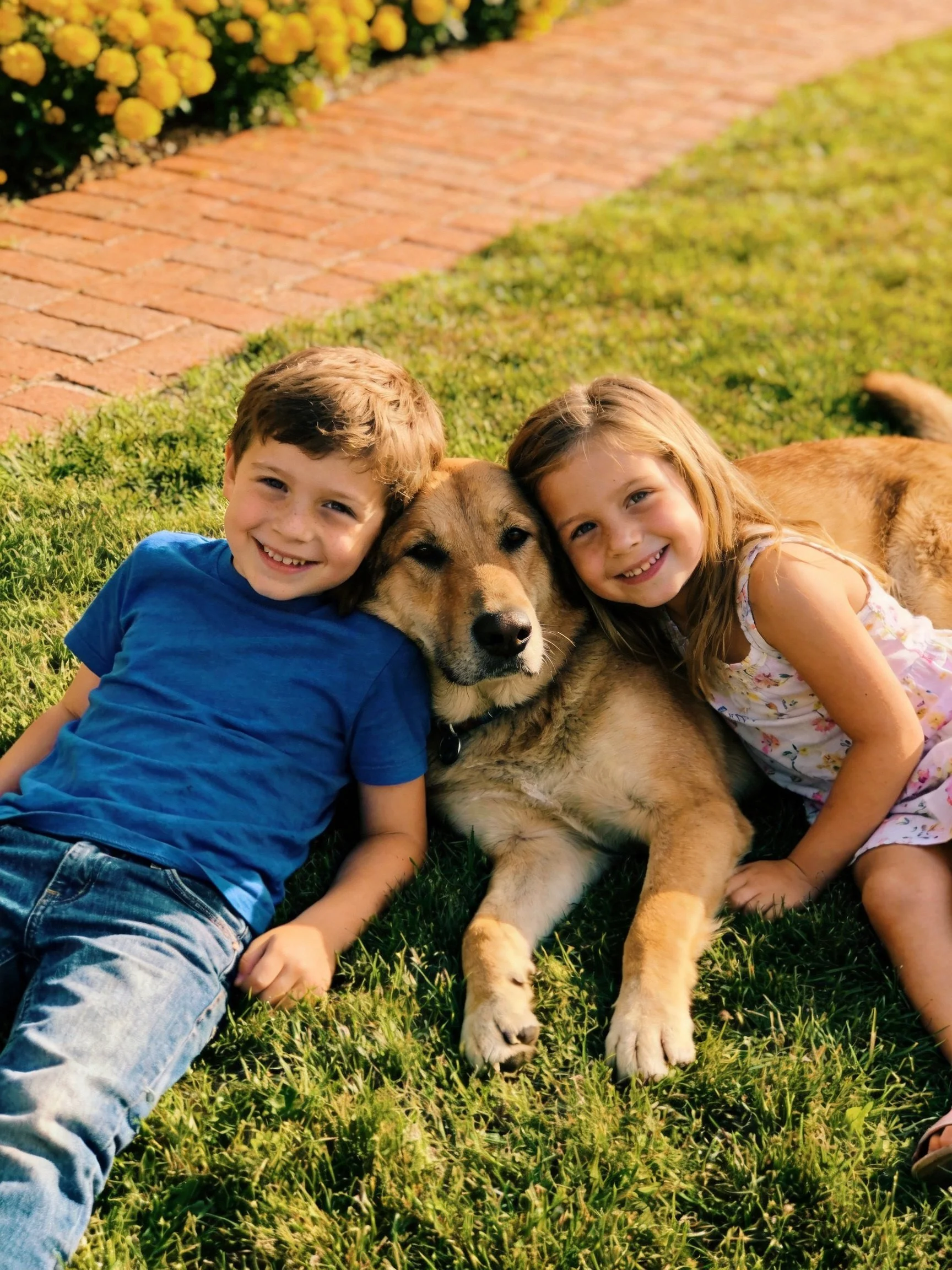 A boy and girl lie on grass with a golden dog, enjoying time near a brick path.