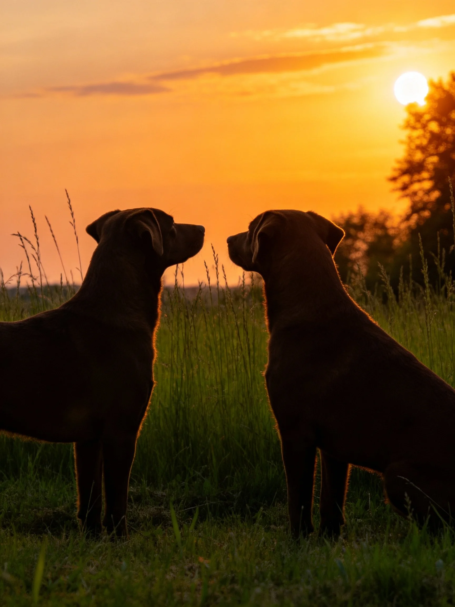 Two chocolate Labradors silhouetted against a golden-orange sunset in a grassy field
