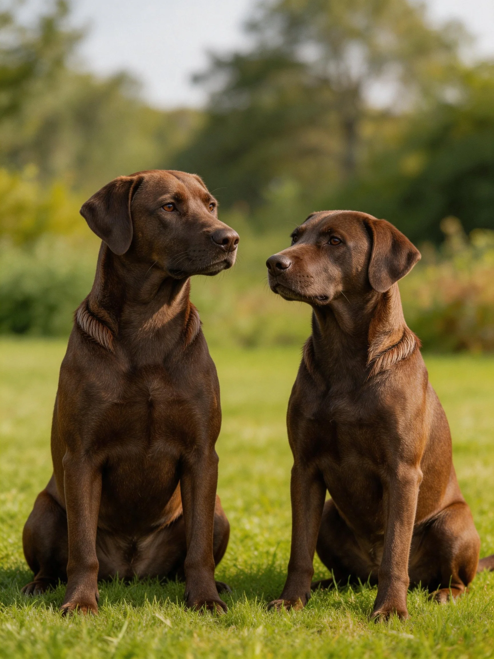 Two chocolate Labradors gaze at each other on grass in nature