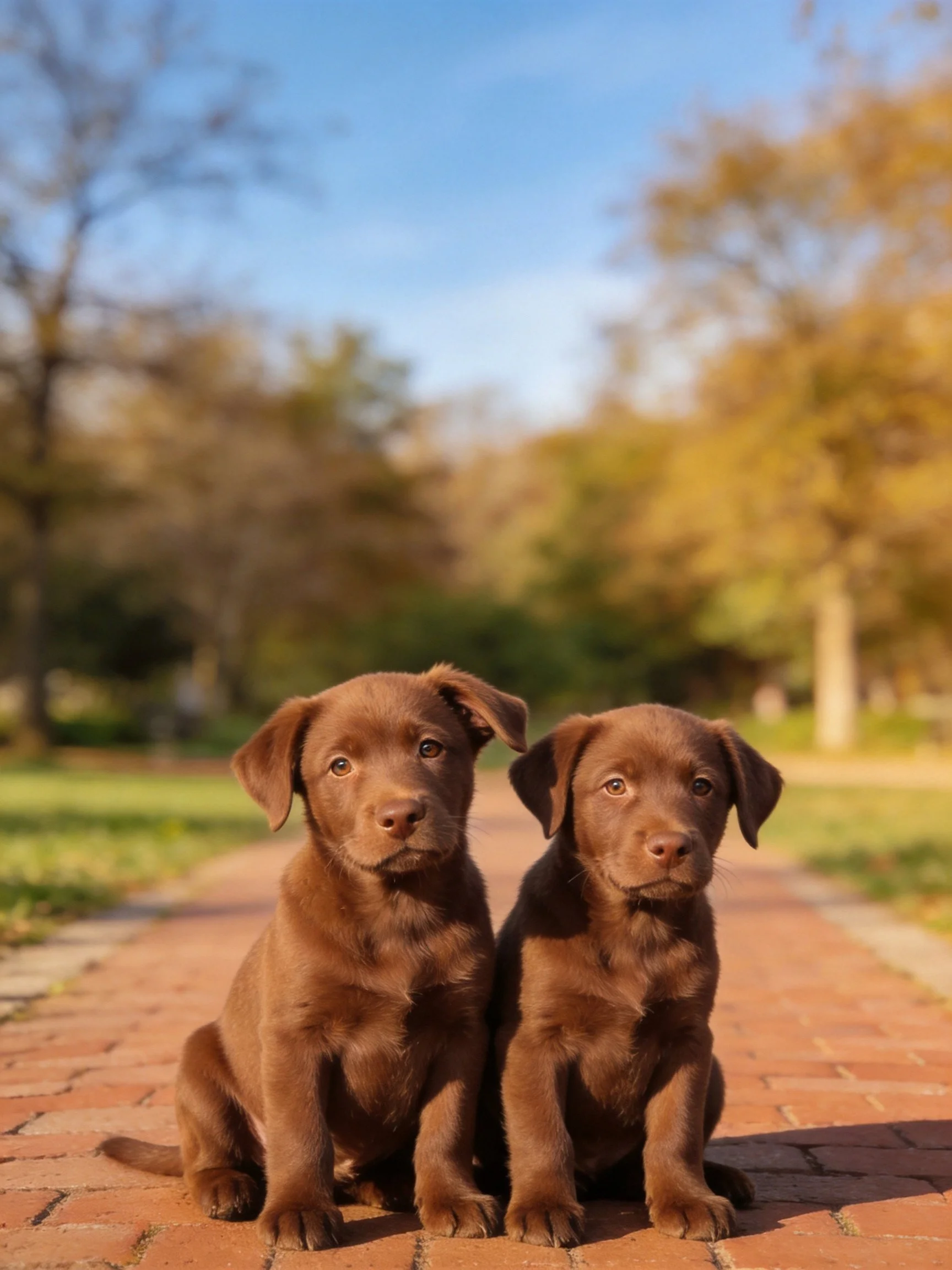 Two chocolate puppies sit on a brick path outdoors