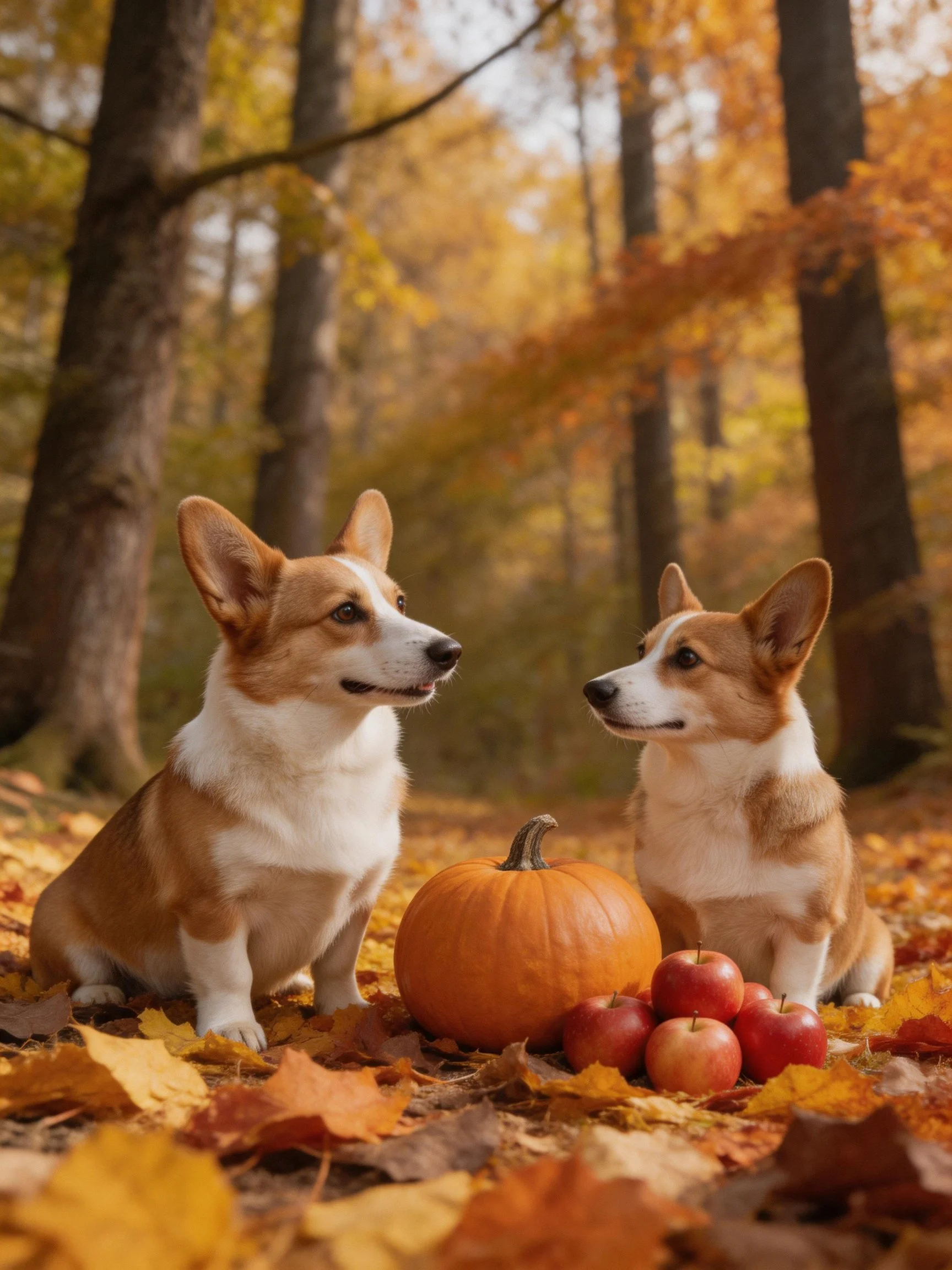 Two corgis rest beside a pumpkin and apples in a sunlit autumn forest.
