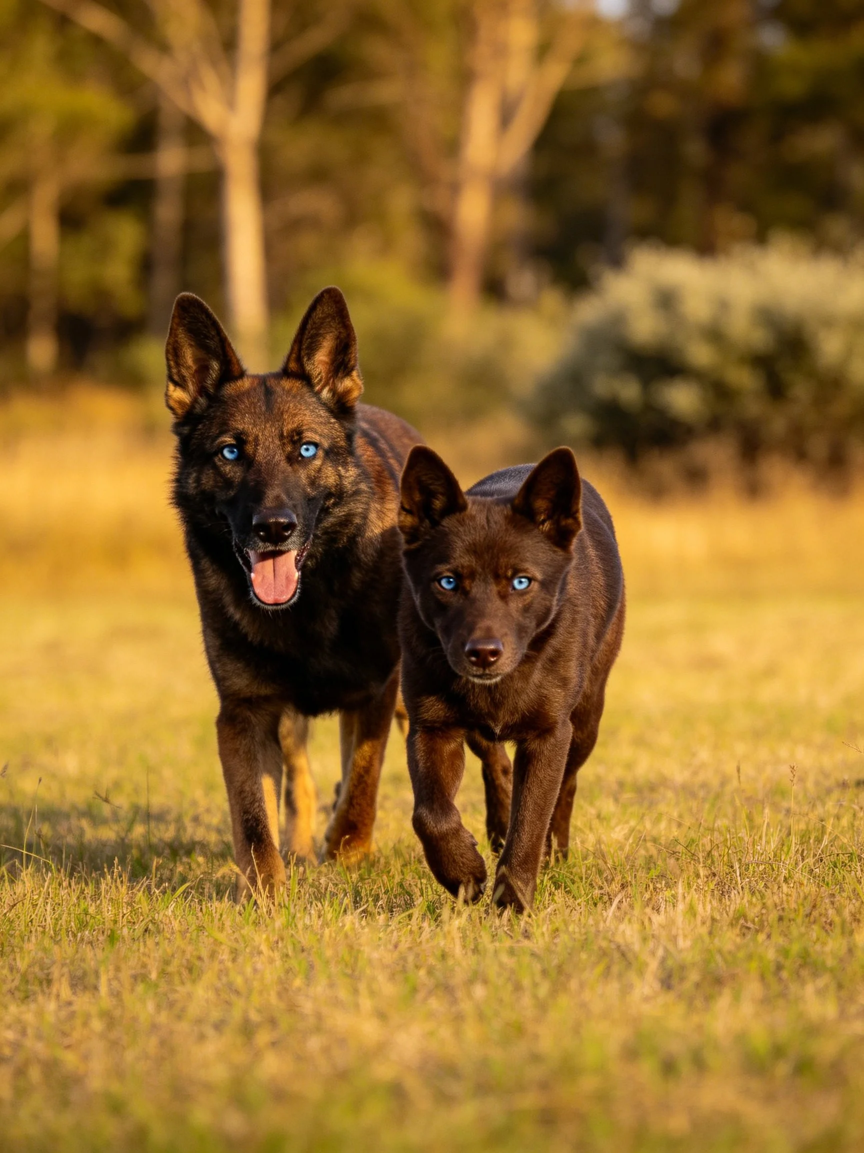 Two dark-coated dogs with blue eyes walk through a sunlit grassy field