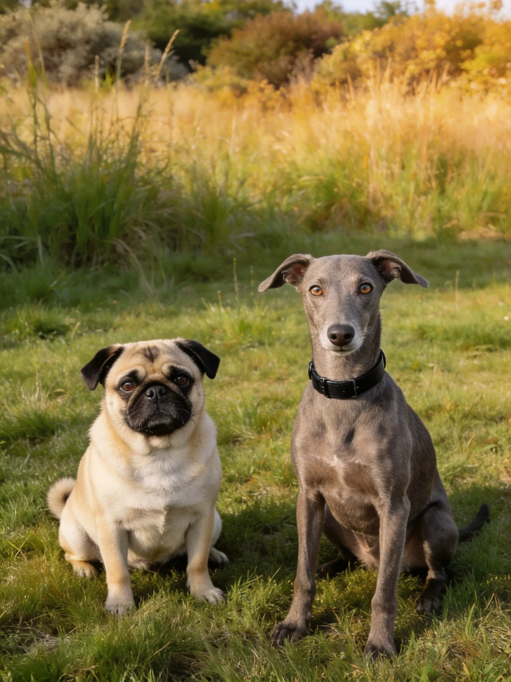 Two dogs of differing breeds rest together on grass in a sunlit natural space.