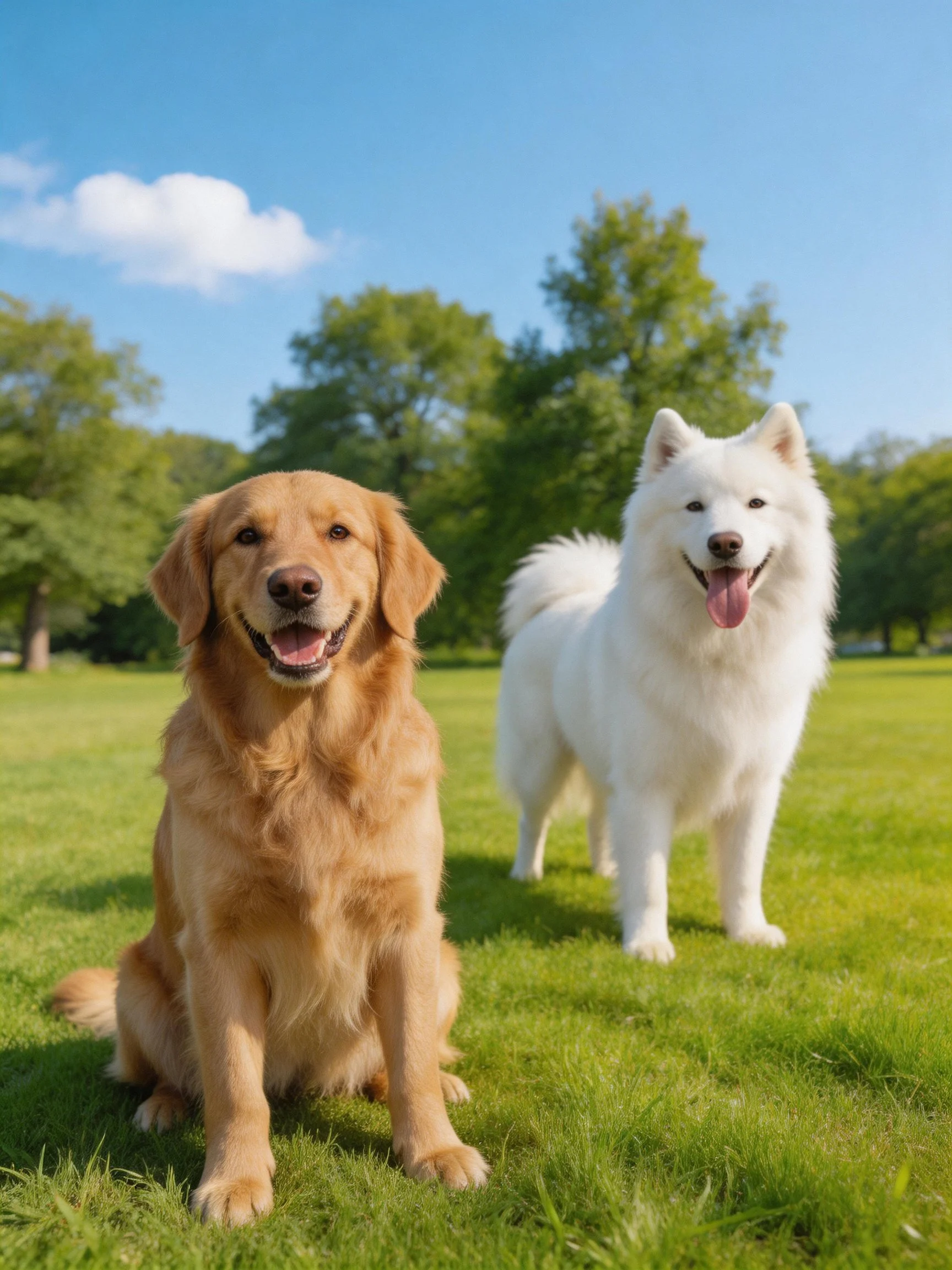 Two dogs enjoy a sunny day on grass