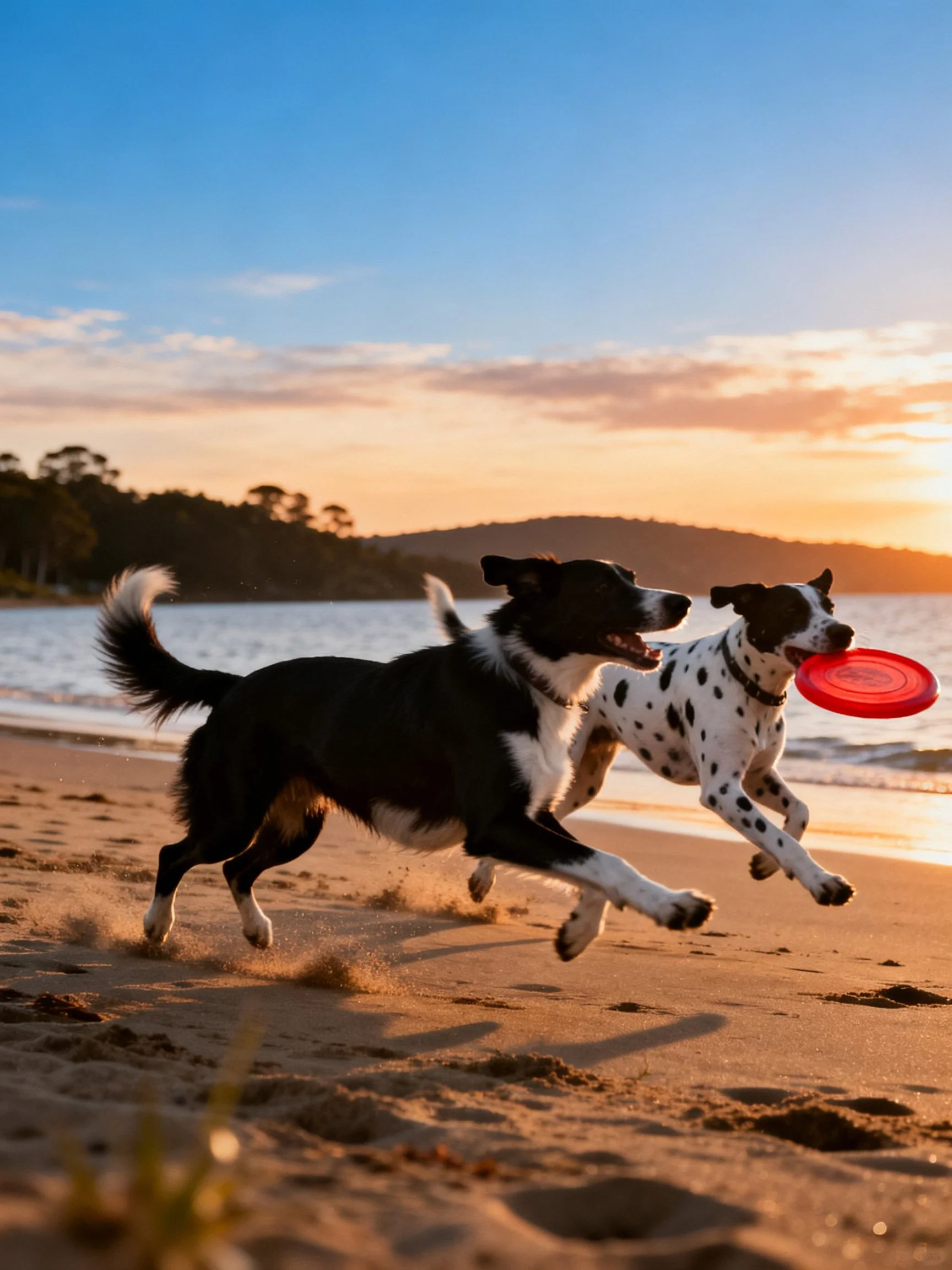 Two dogs chasing a red frisbee on a sandy beach at sunset