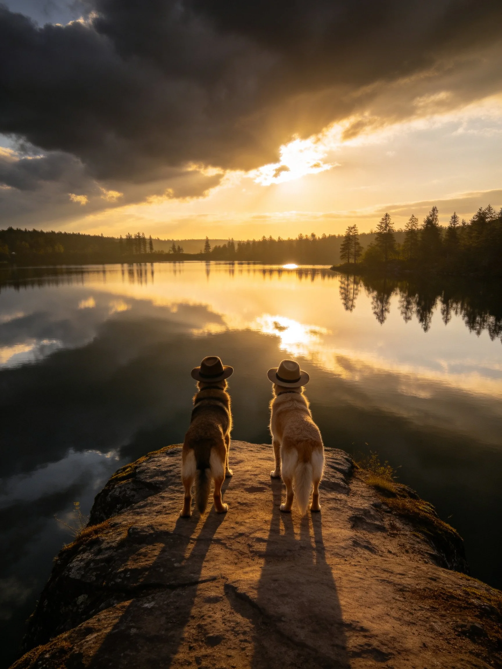 Two dogs with hats observe a golden sunset reflected in a calm lake.