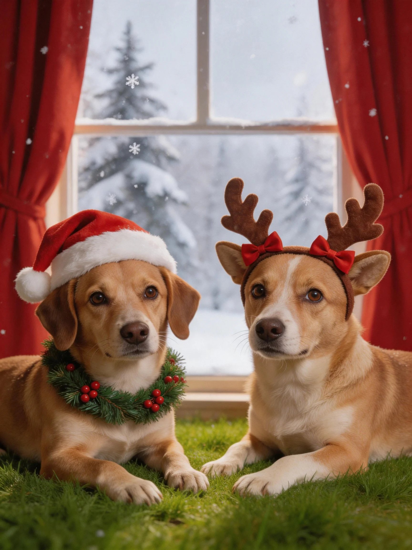 Two dogs dressed for Christmas sit near a snowy window.