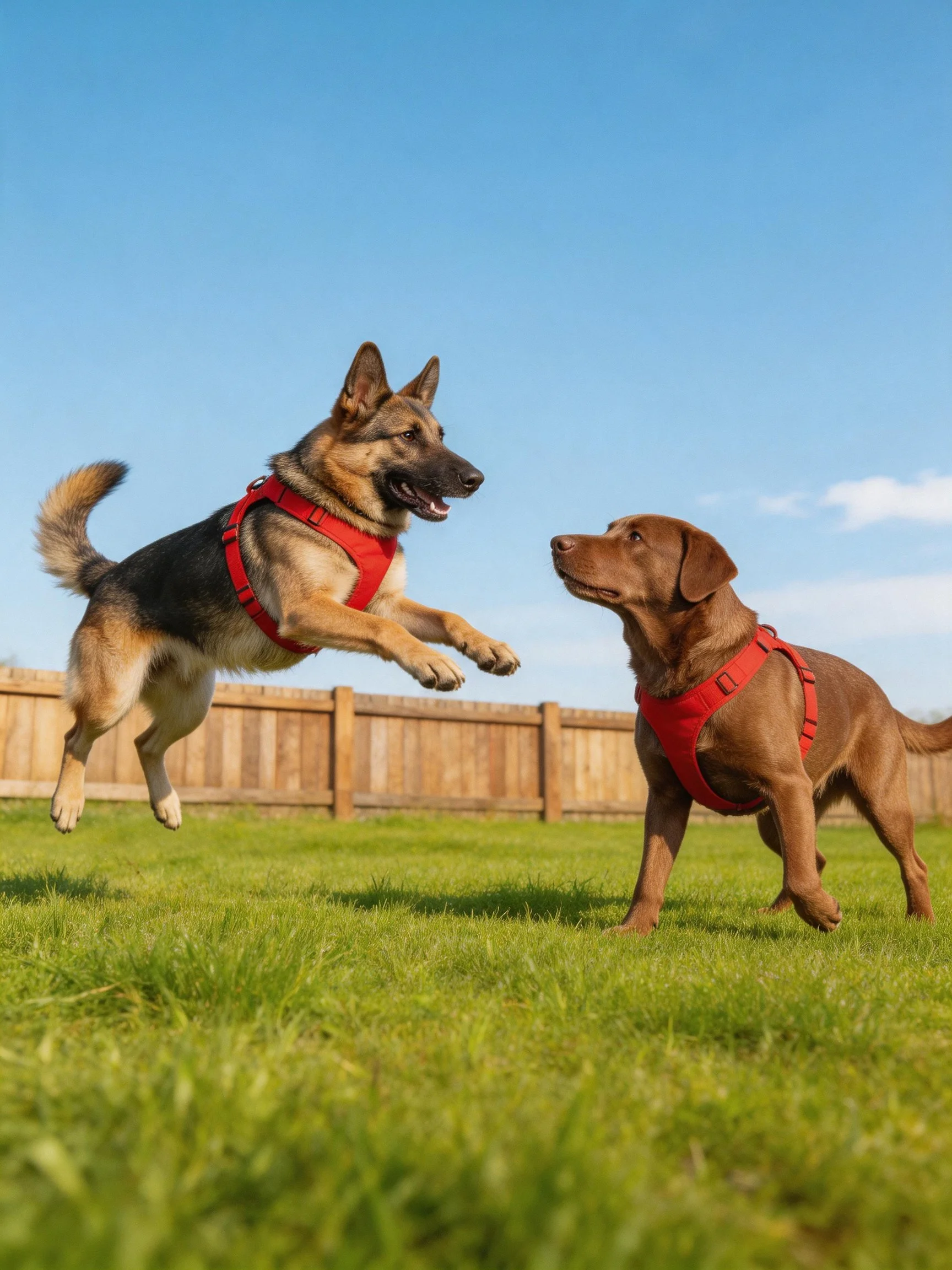 Two dogs in red harnesses play on green grass near a wooden fence
