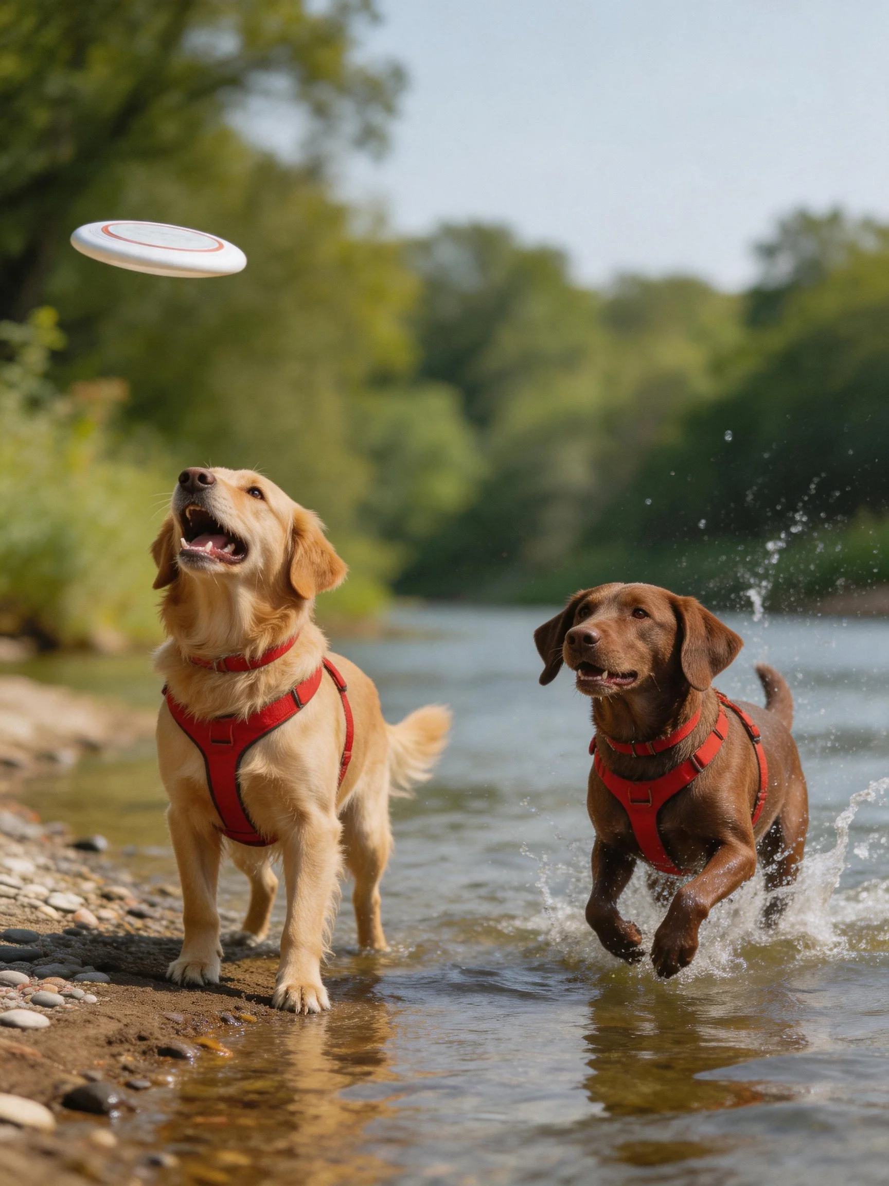 Two dogs in red harnesses play with a frisbee near a river