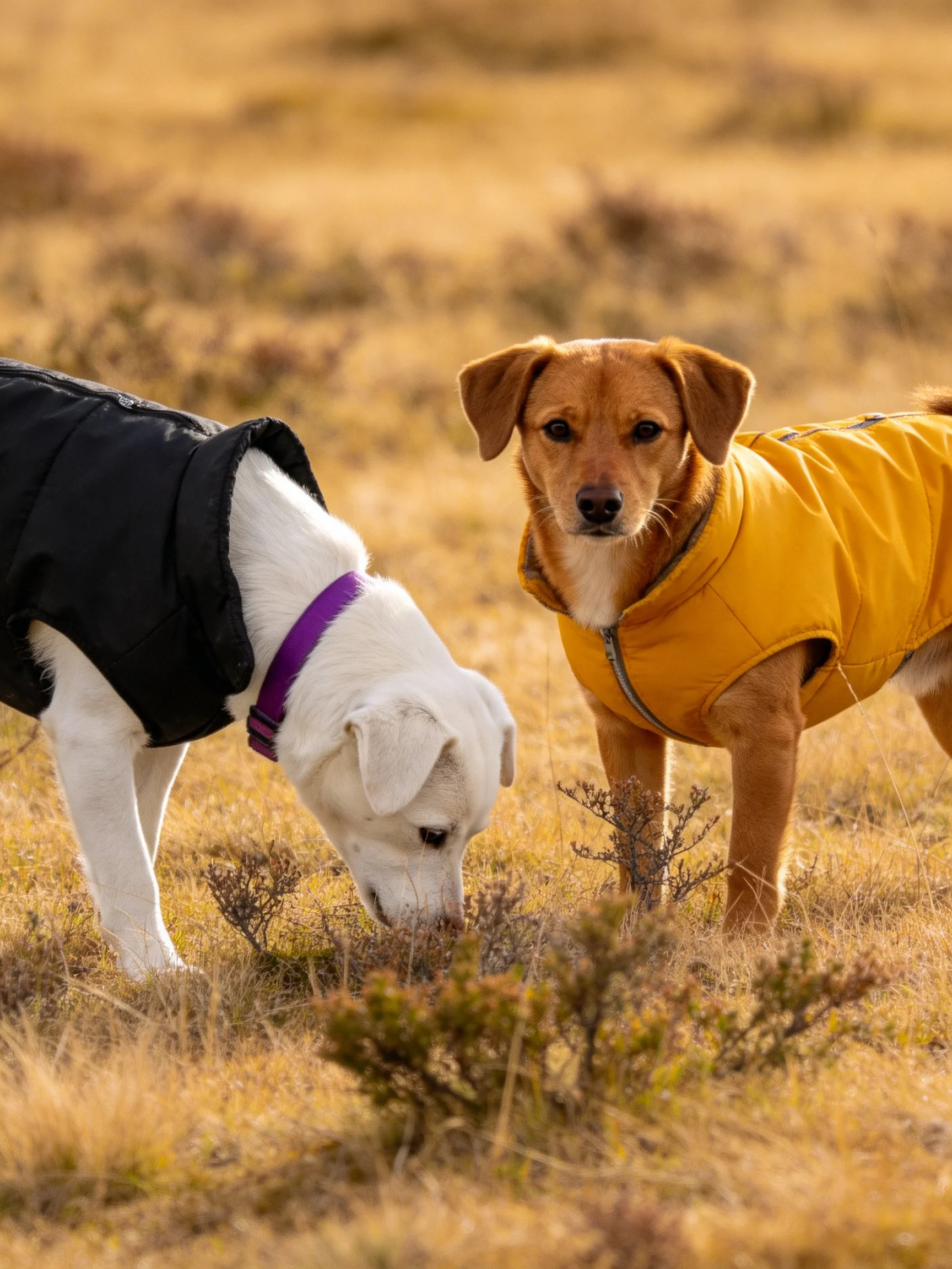 Two dogs in winter coats explore a golden field