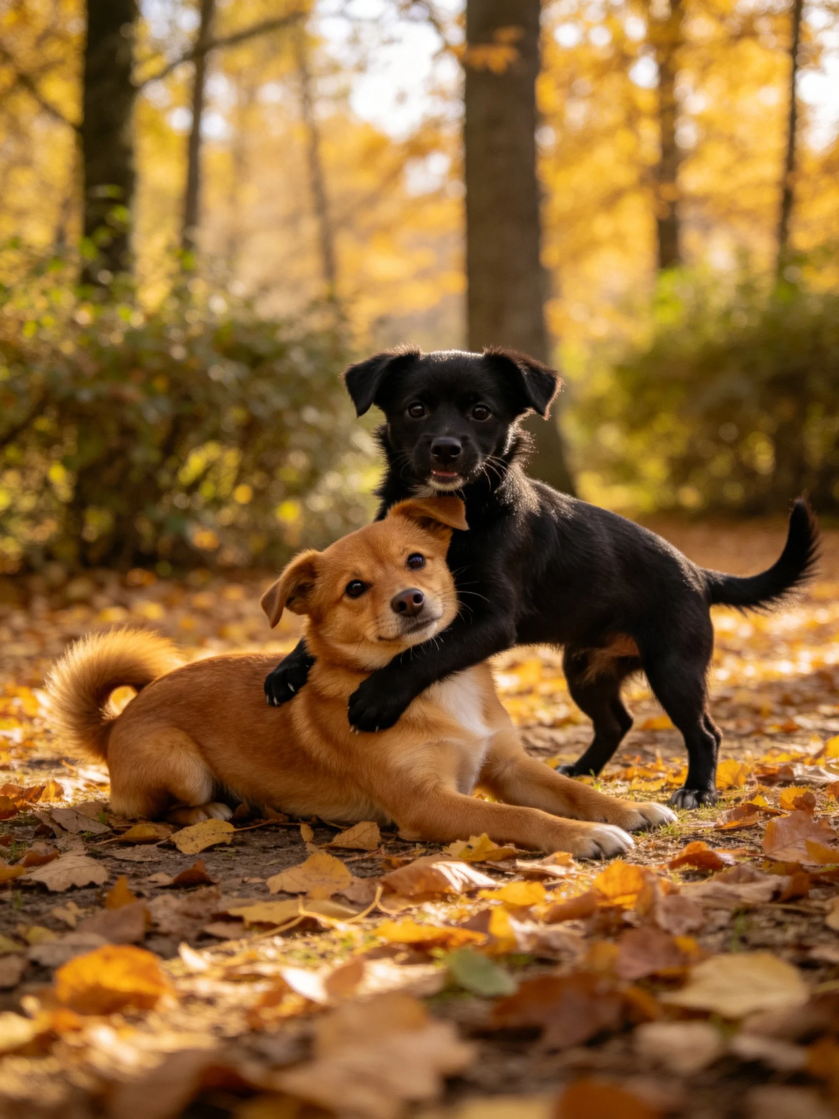 Two dogs play together in a sunlit autumn forest.