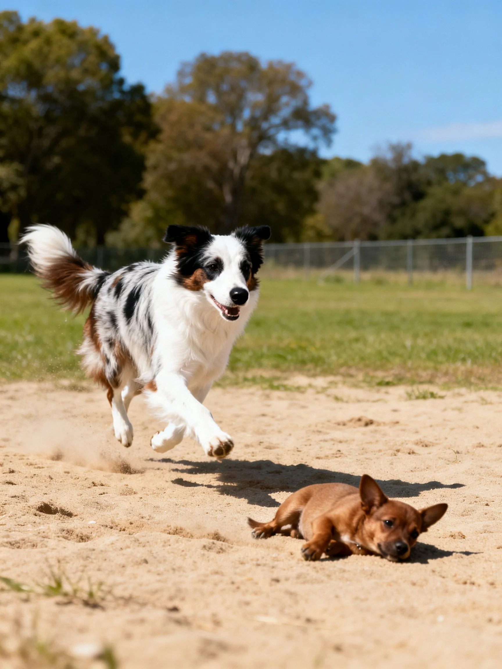 Two dogs interact in a sunny park—one leaping, one resting