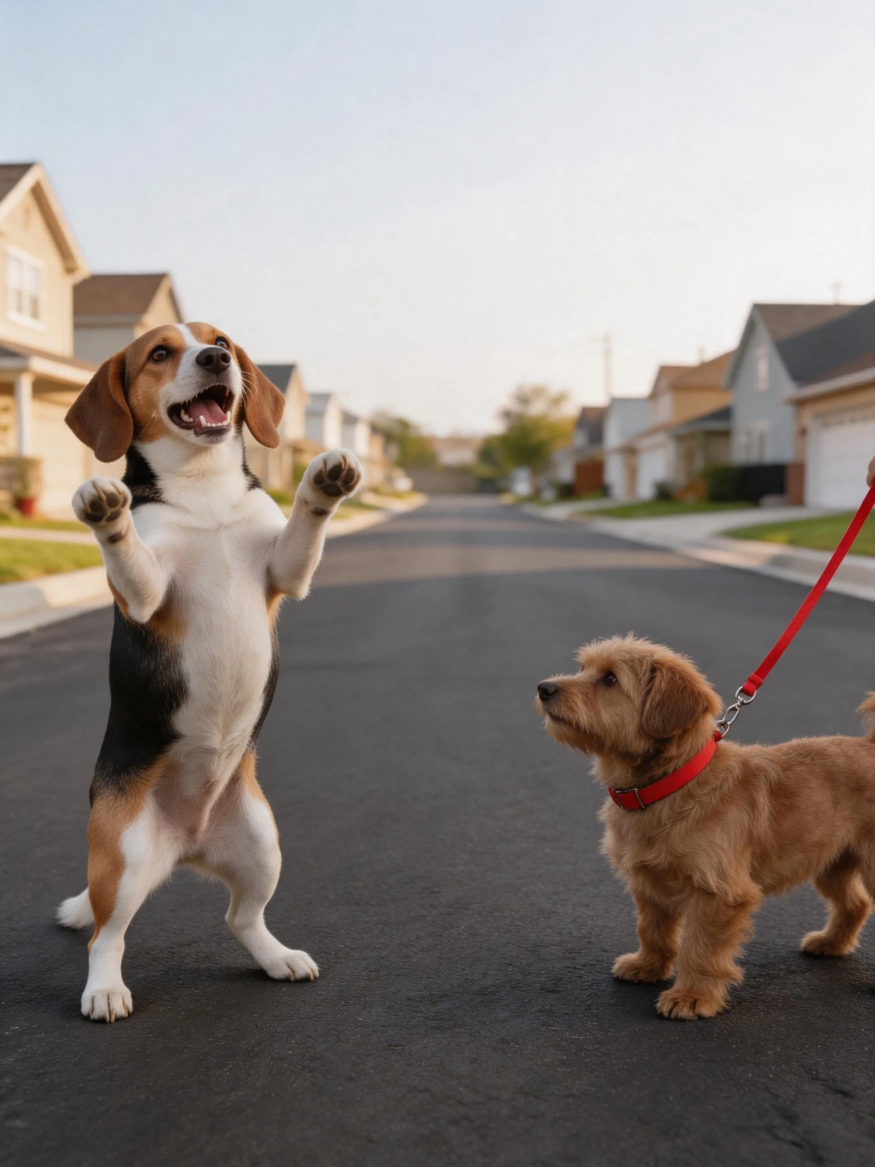 Two dogs interact on a quiet suburban street; one stands upright, one wears a red leash