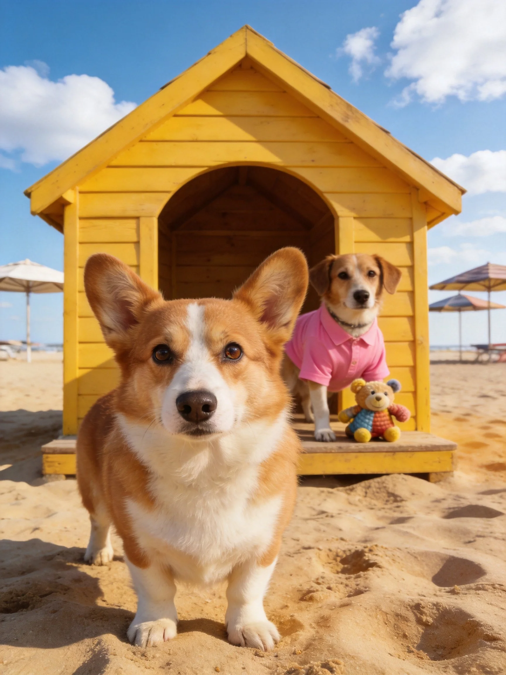 Two dogs gather by a yellow doghouse during a sunny beach outing.