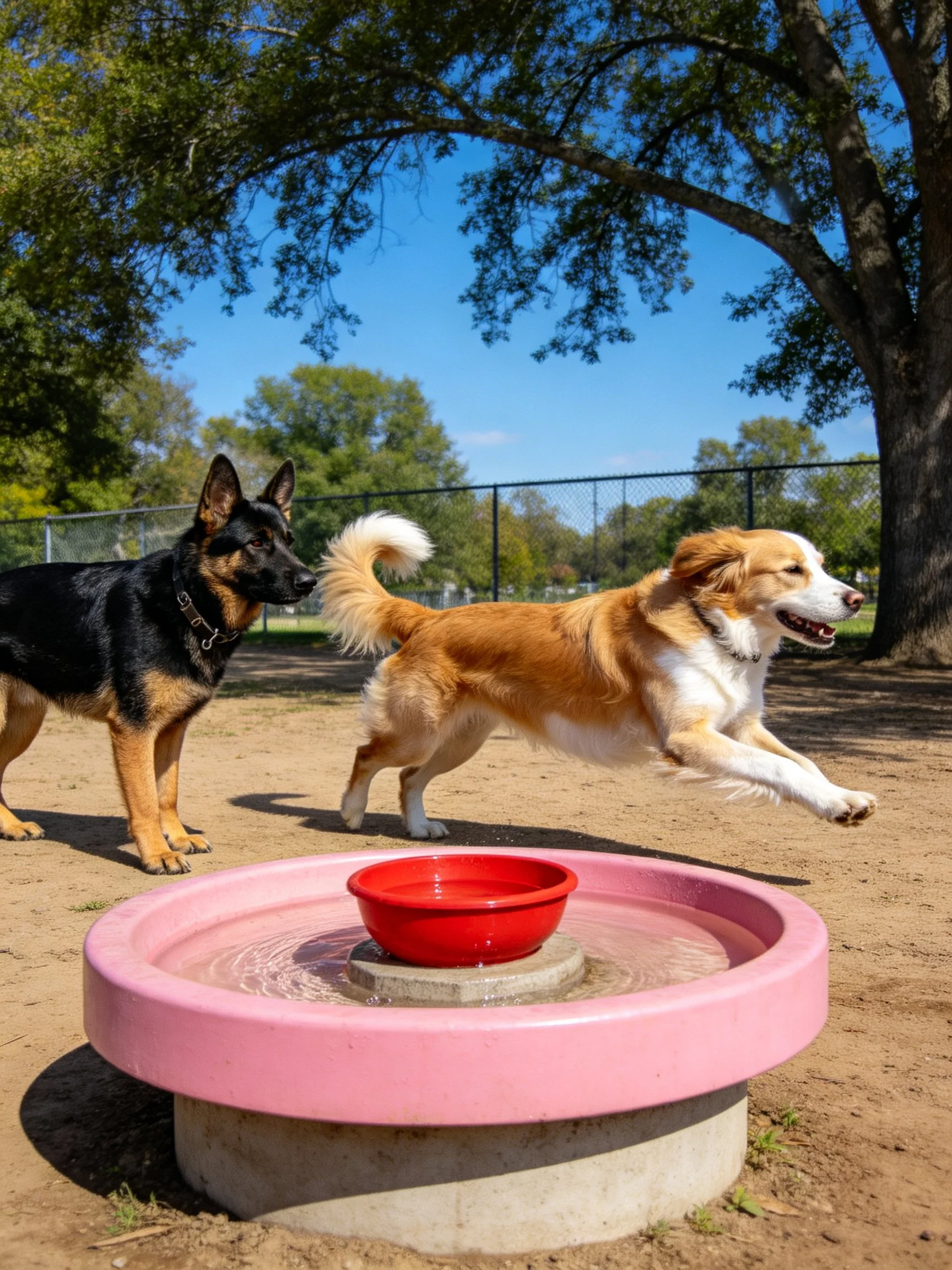 A tan dog jumps toward a pink water fountain while another dog watches in a sunny park.