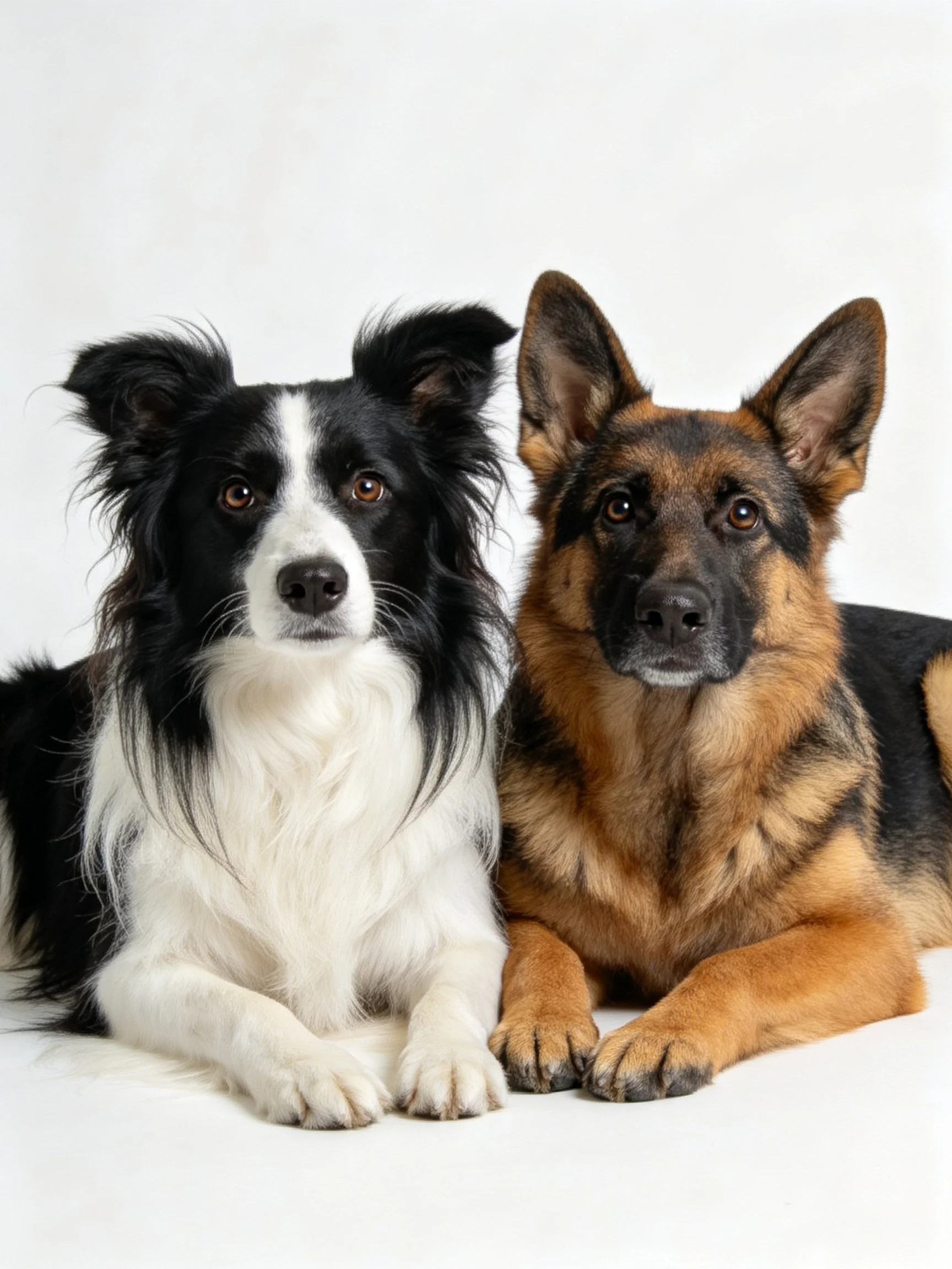Two dogs of contrasting coats and breeds lie side by side