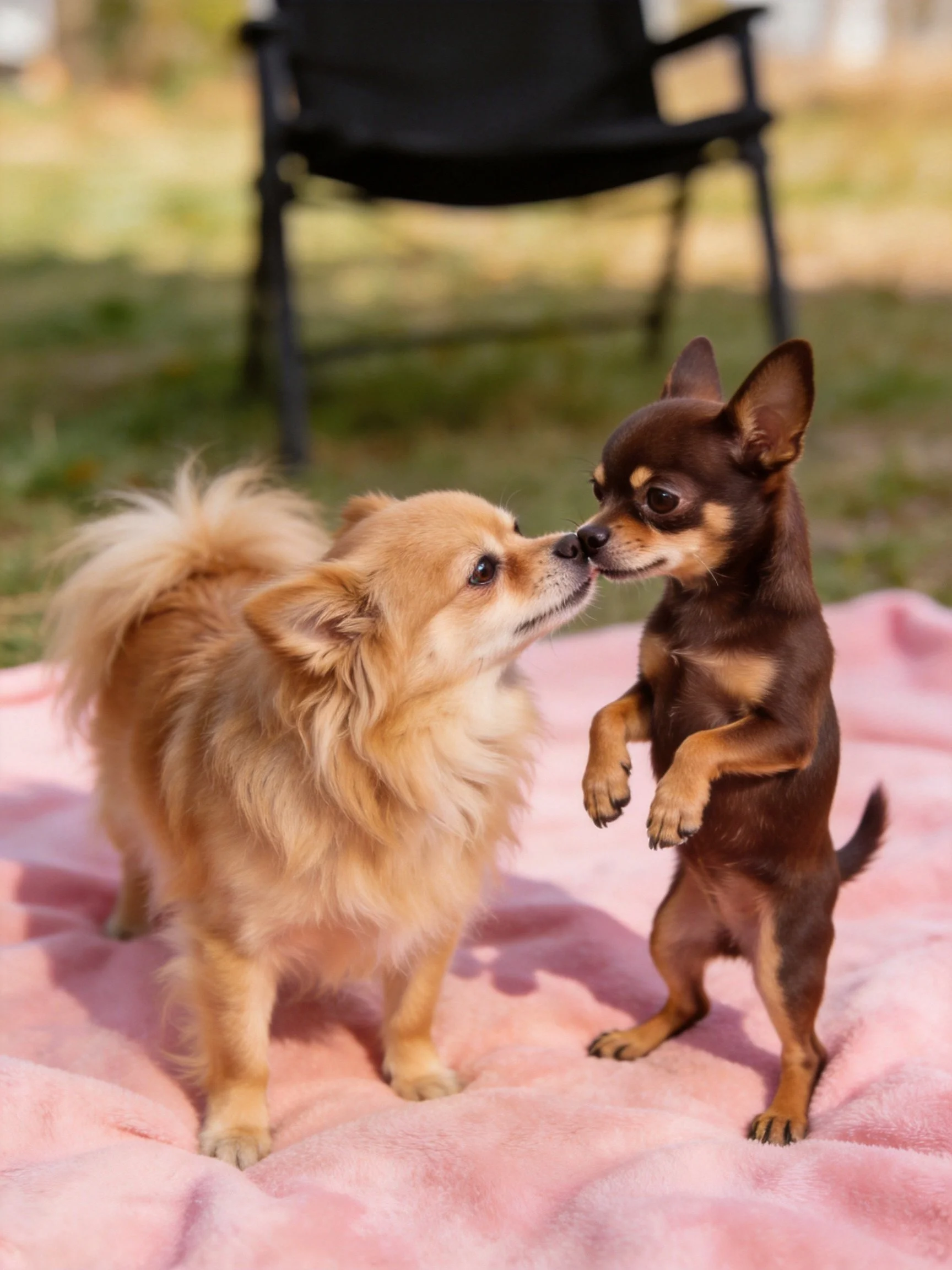 Two dogs of contrasting coats interact on a pink blanket