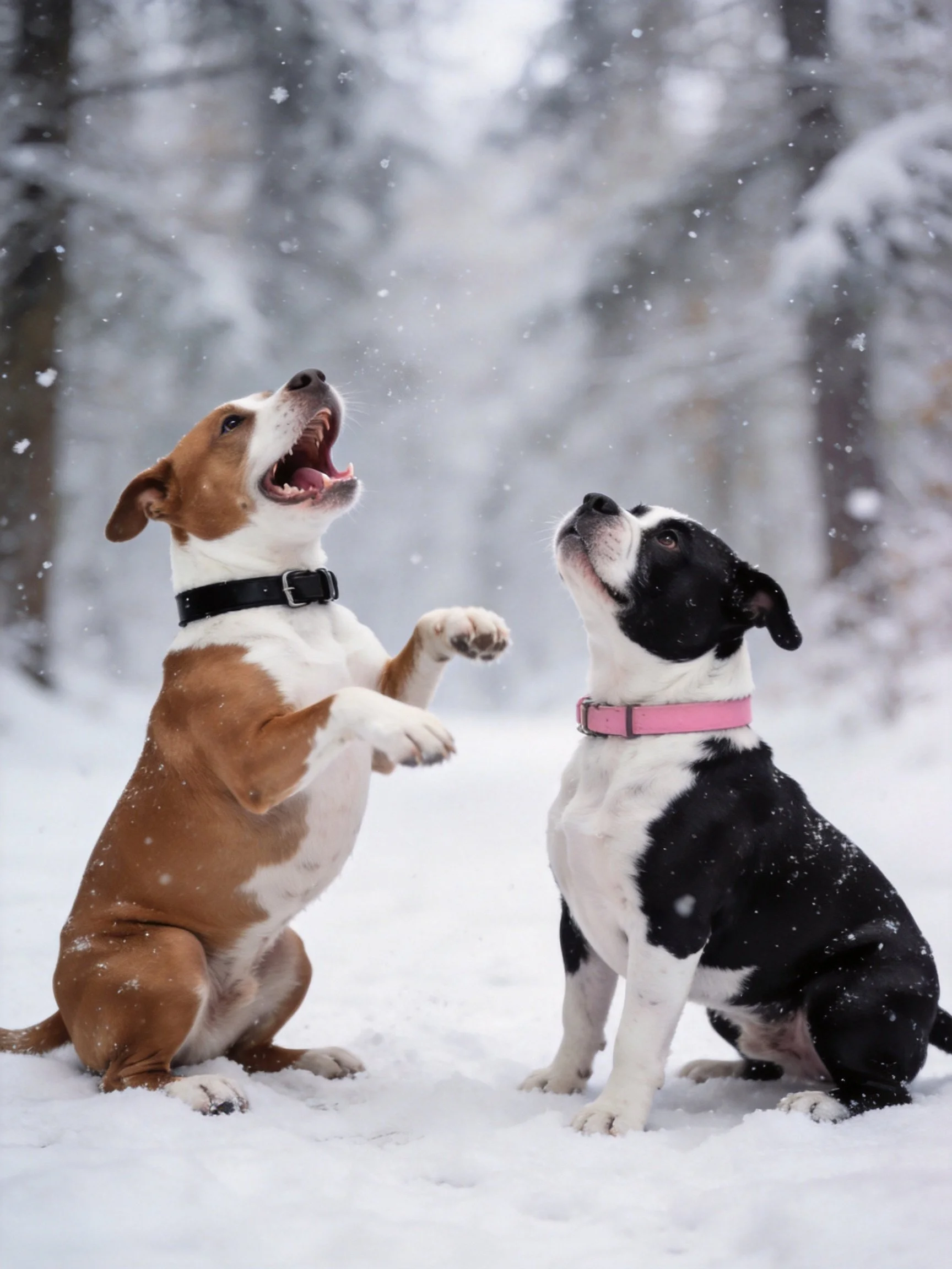Two dogs interact playfully in a snowy wooded area