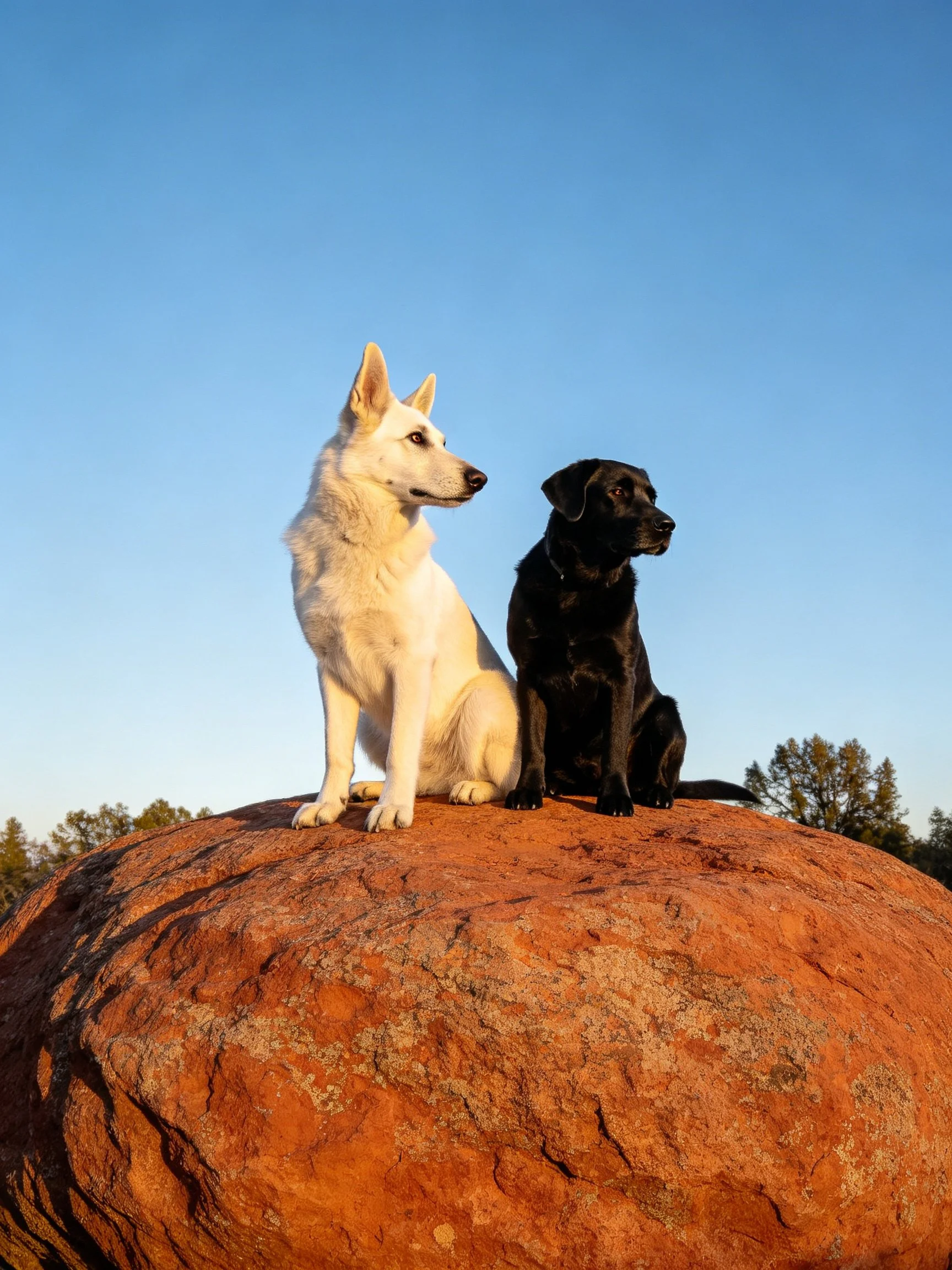A white dog and a black dog sit side by side on a large rock outdoors.
