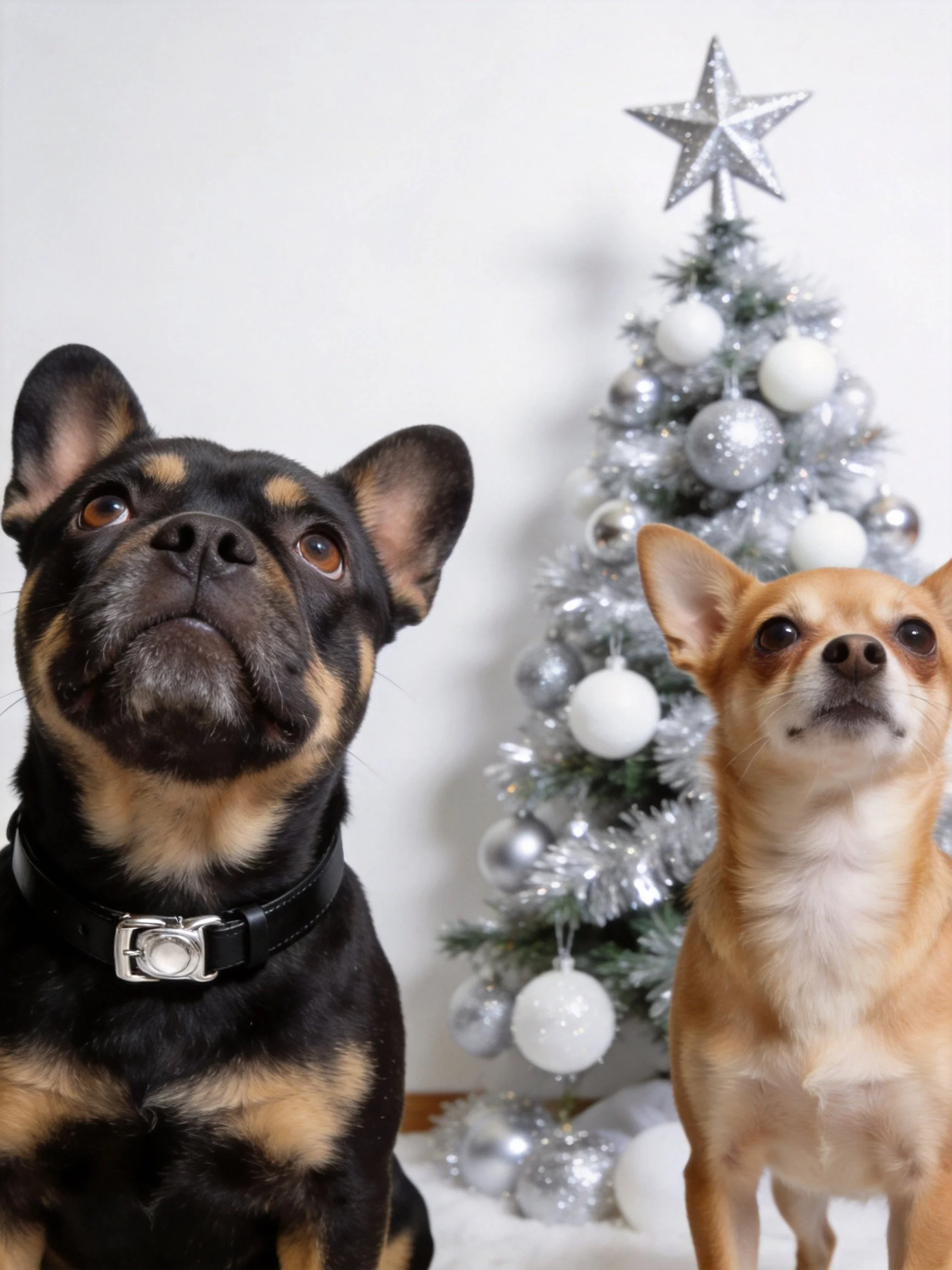 Two dogs gaze upward beside a festively decorated Christmas tree.