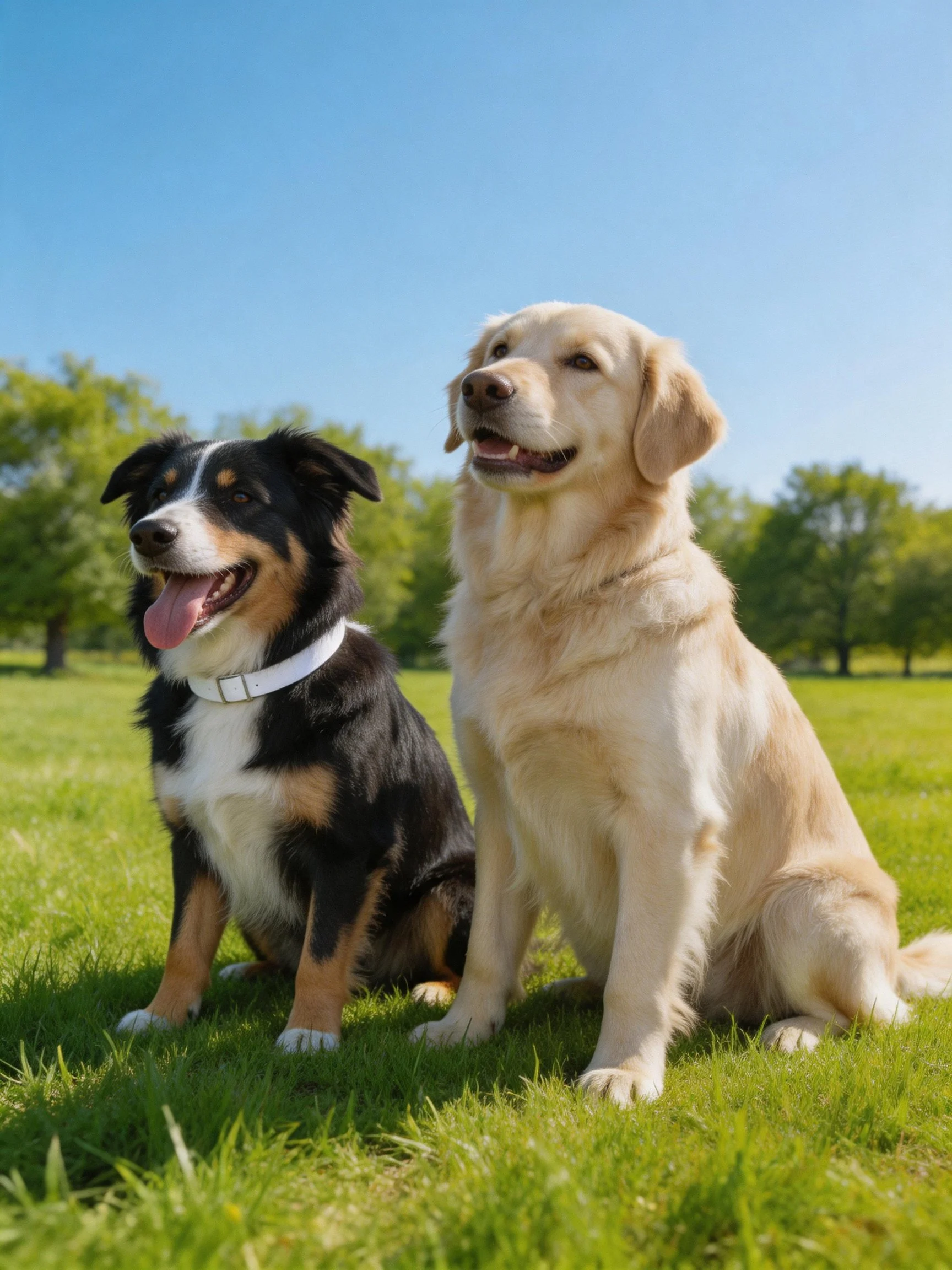 Two dogs of different breeds sit on green grass under clear blue sky