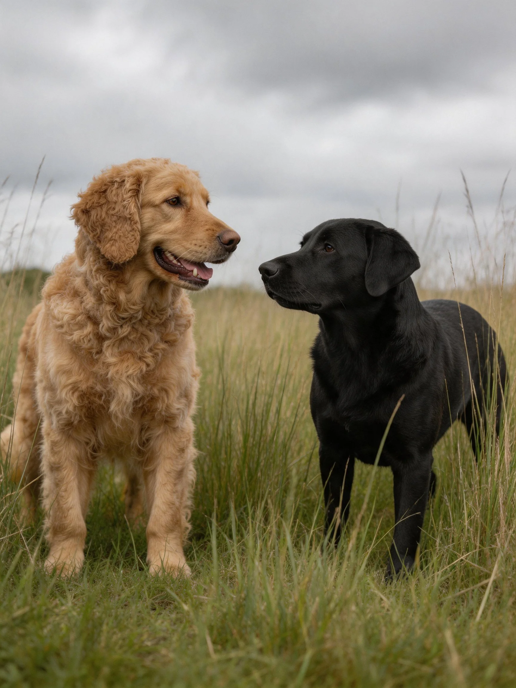 Two dogs of different breeds stand in tall grass under cloudy skies