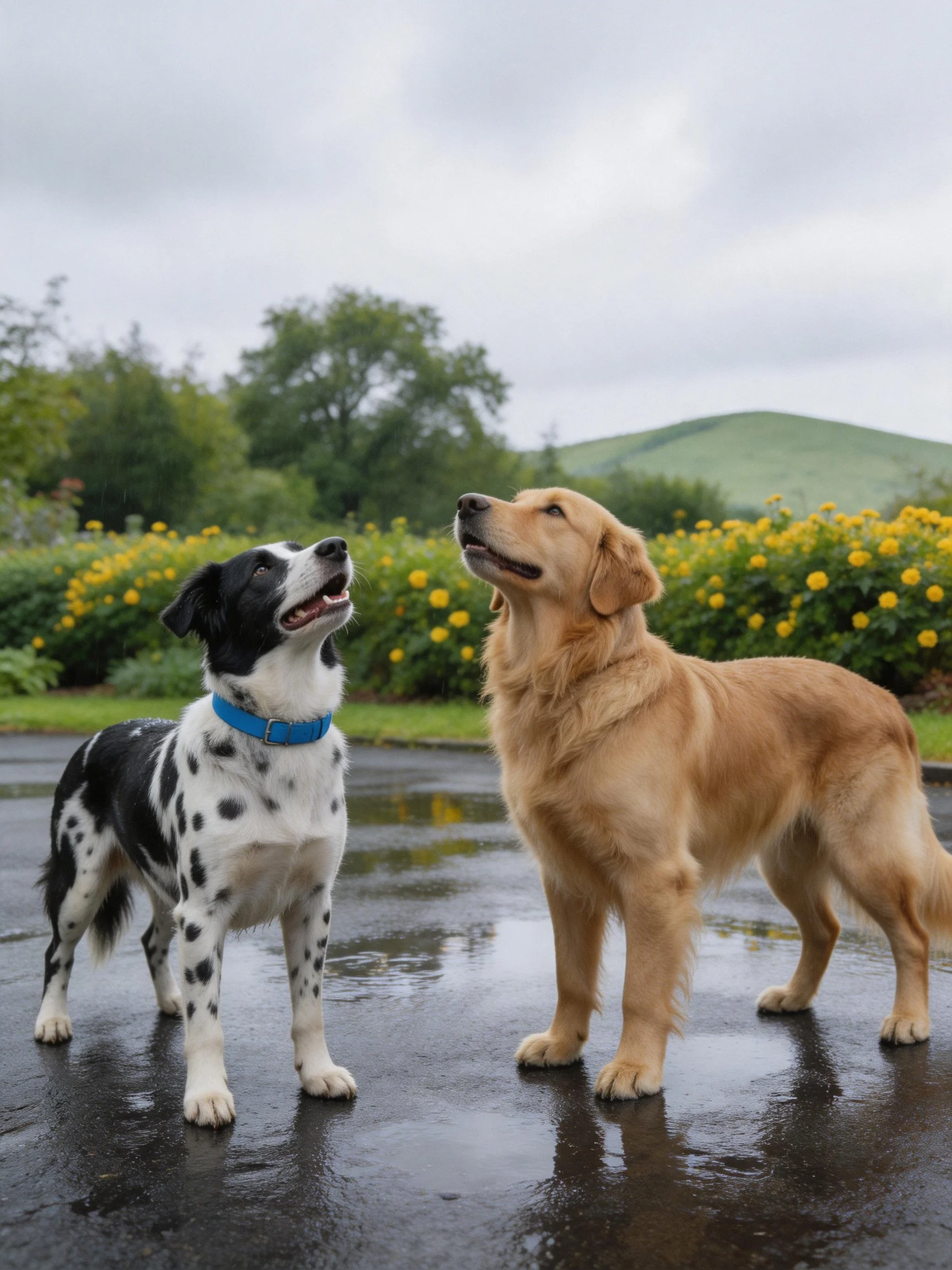 Two dogs of distinct breeds look upward together on a wet surface near flowering bushes