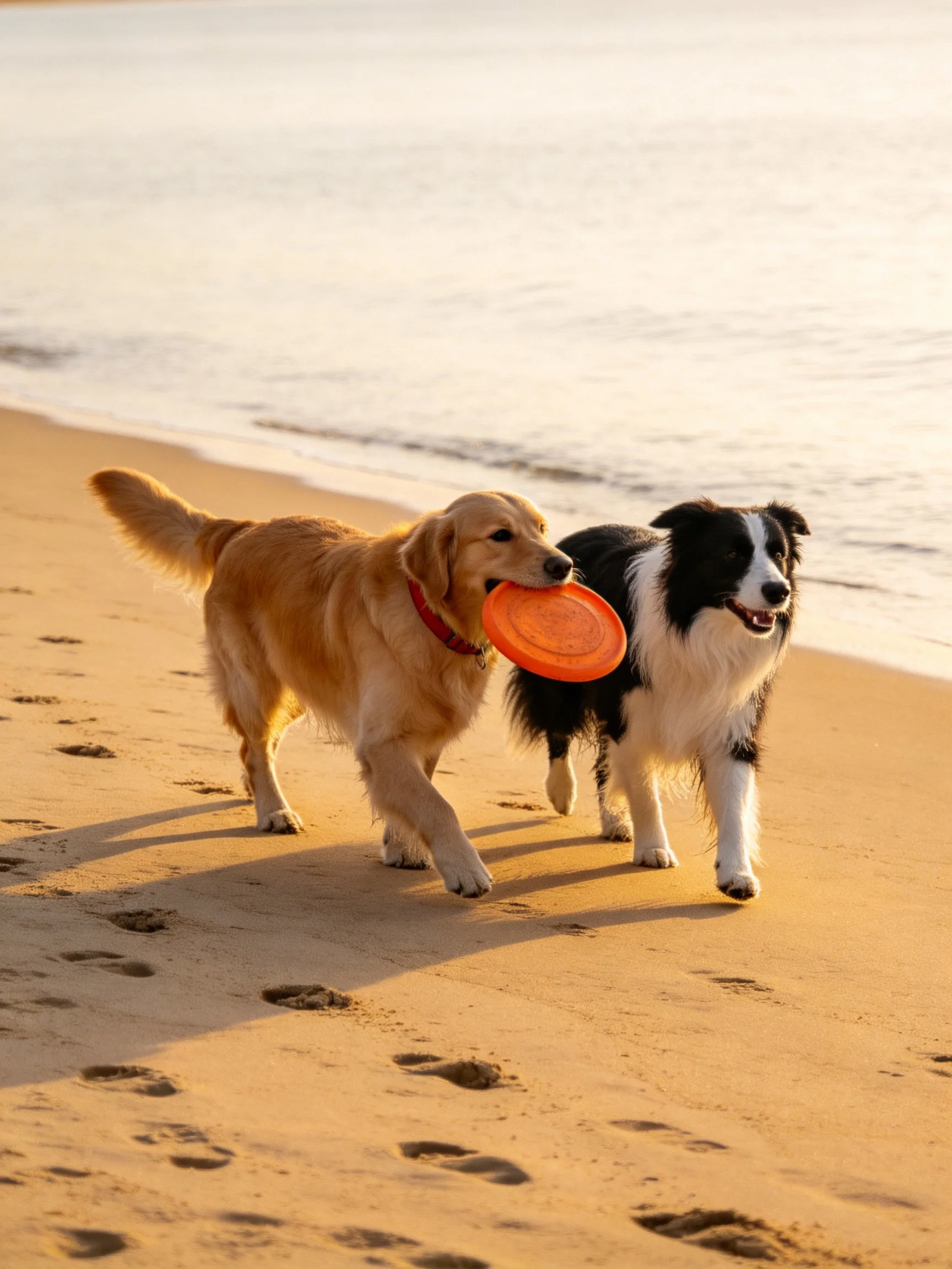 Two dogs carry an orange frisbee along a sandy shoreline.
