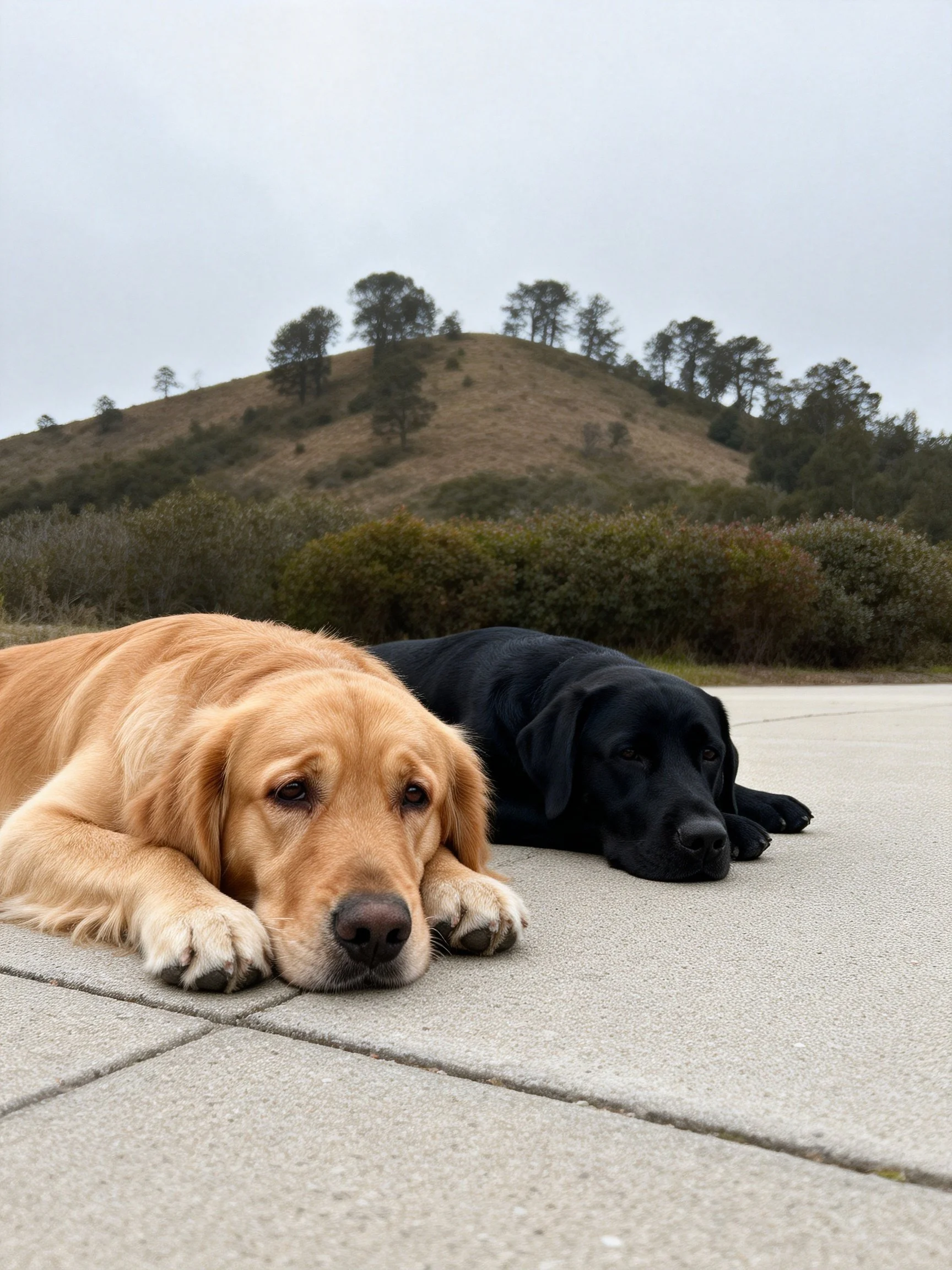 Two dogs of different colors rest on pavement near a hilly area with trees