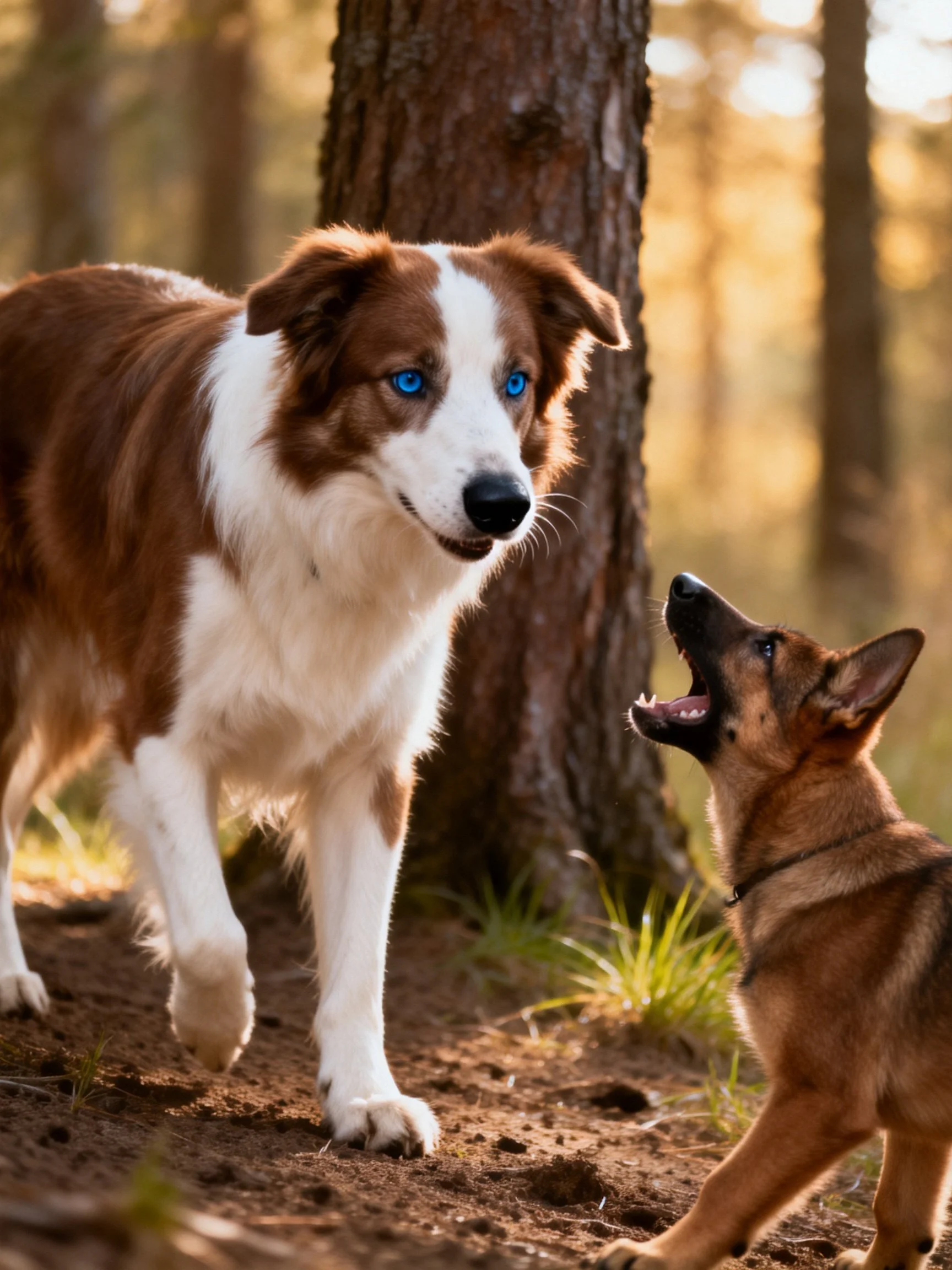 A large brown-and-white dog interacts with a small brown dog in a sunlit forest