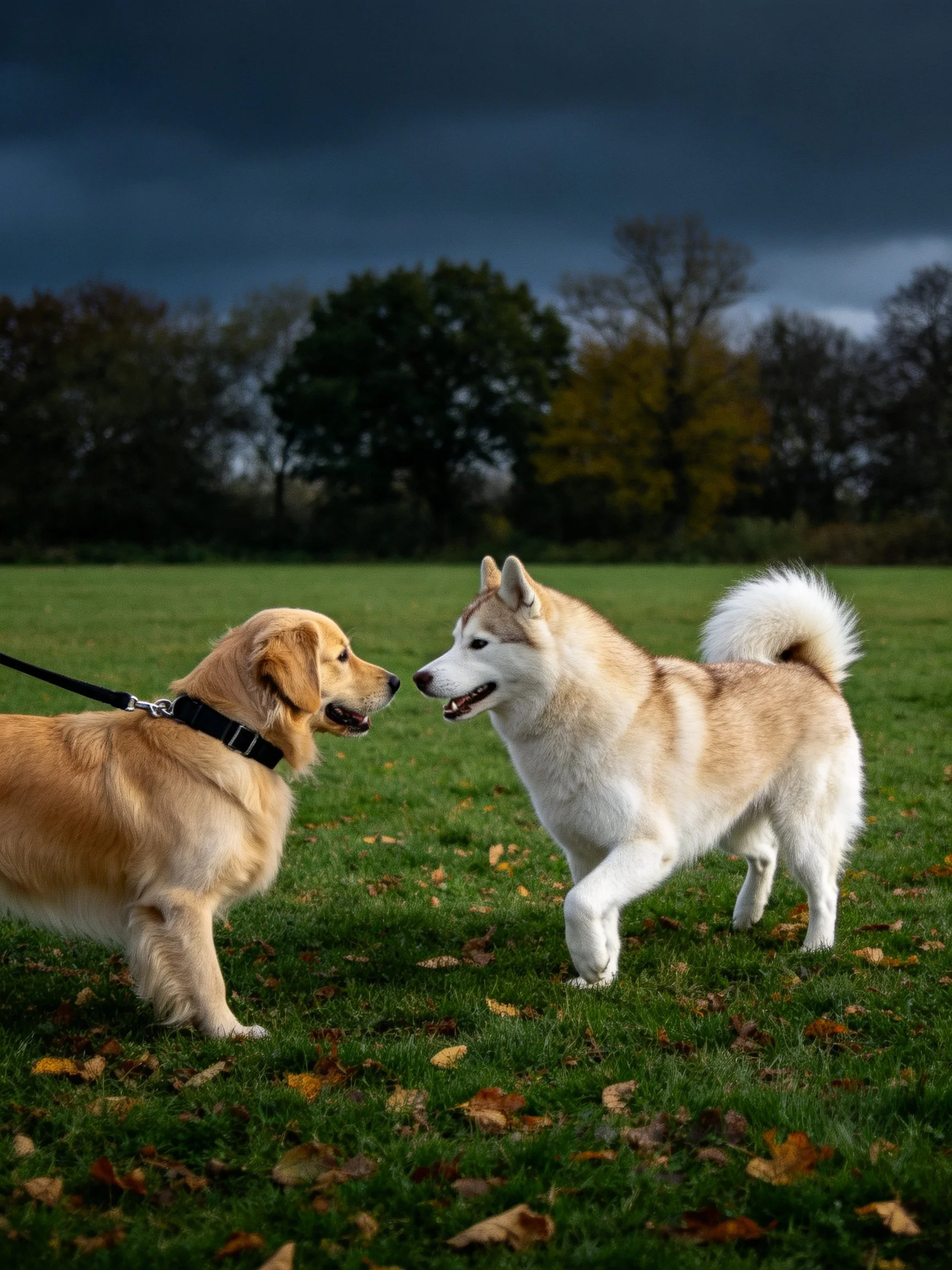 Two dogs of distinct breeds meet on a leaf-dotted grassy field