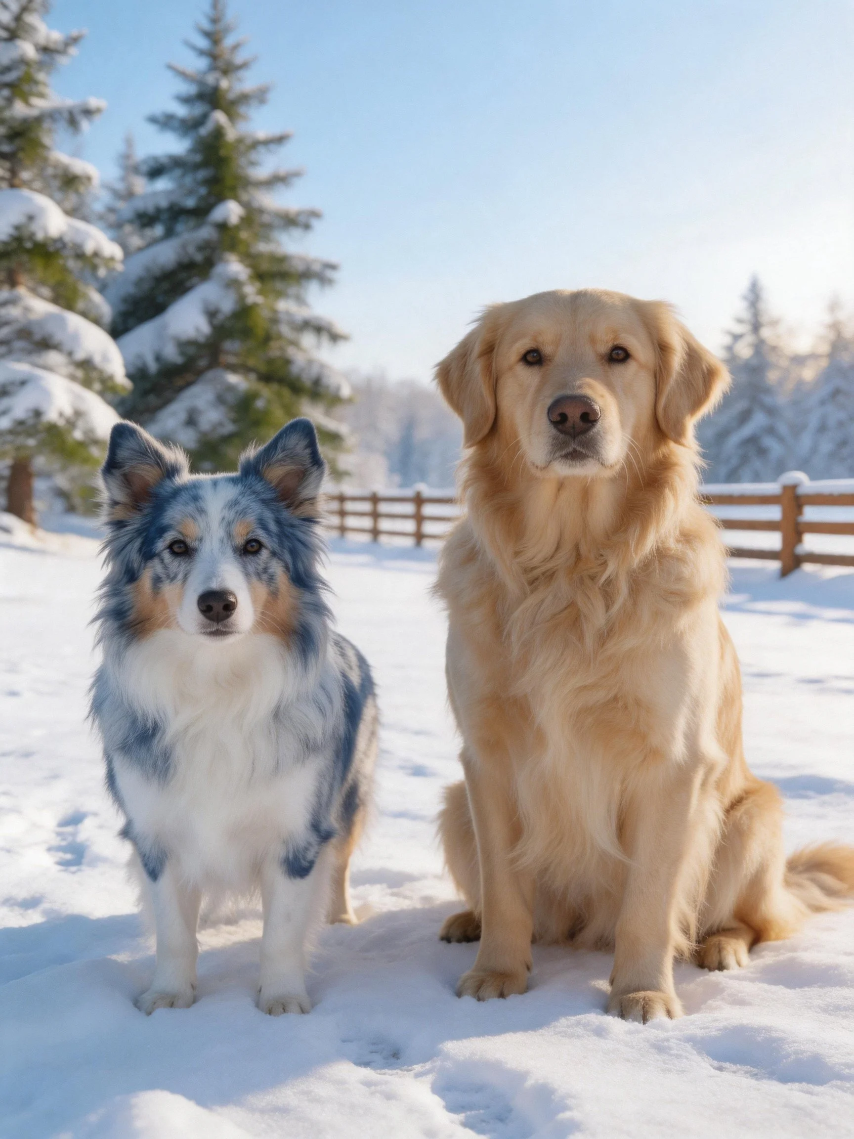 Two dogs sit together in a snowy outdoor area near evergreen trees