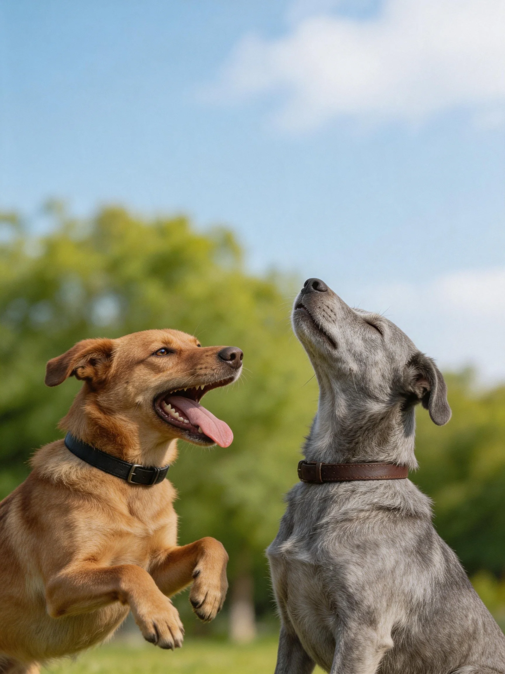 Two dogs—one brown, one gray—interact in a sunny outdoor space with green trees.