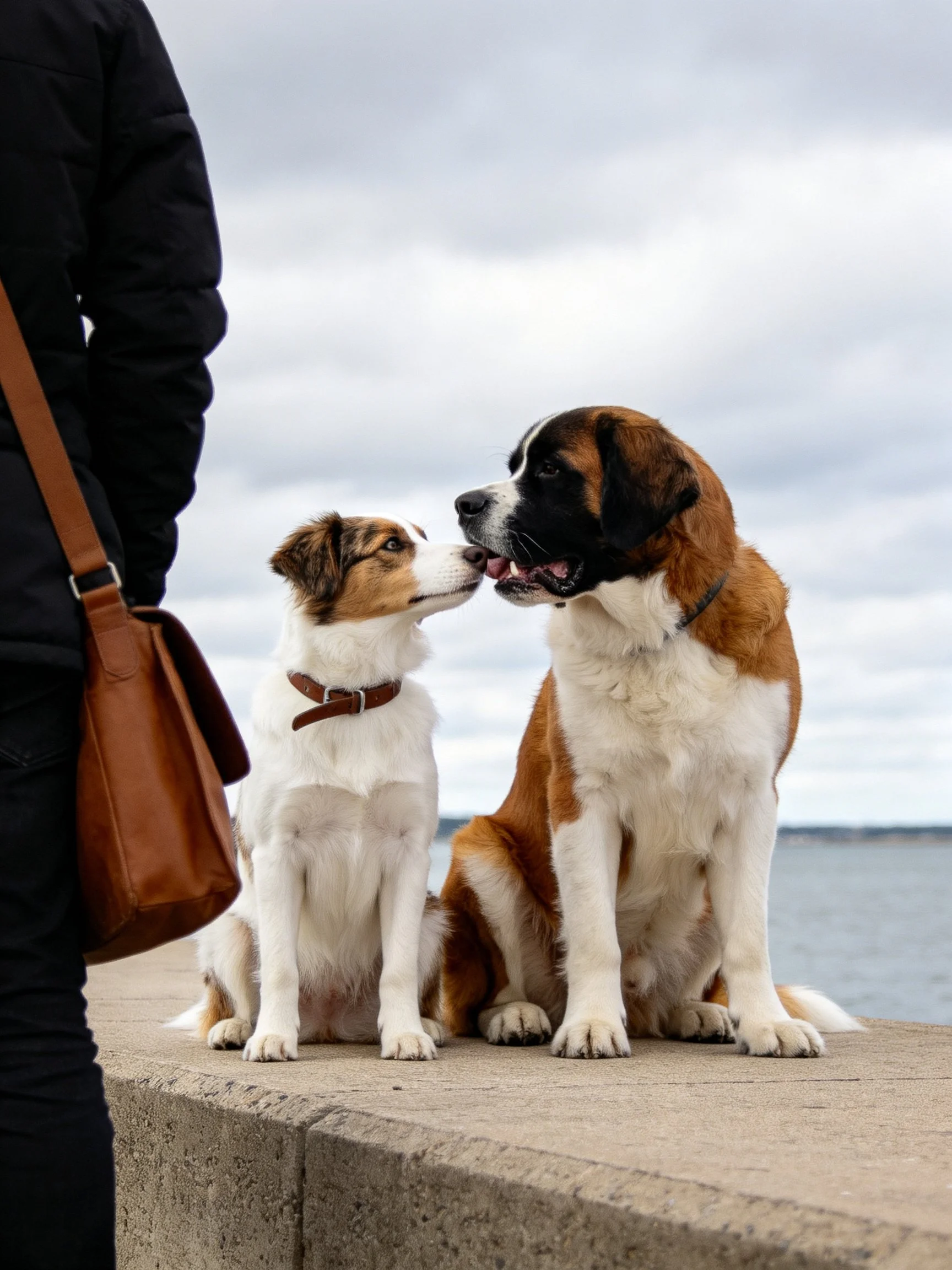 Two dogs of varying sizes sit on a concrete ledge by the water.
