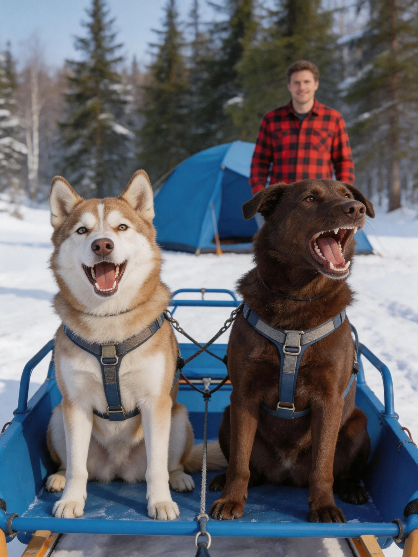 A man stands behind two dogs on a sled beside a blue tent in a snowy forest.