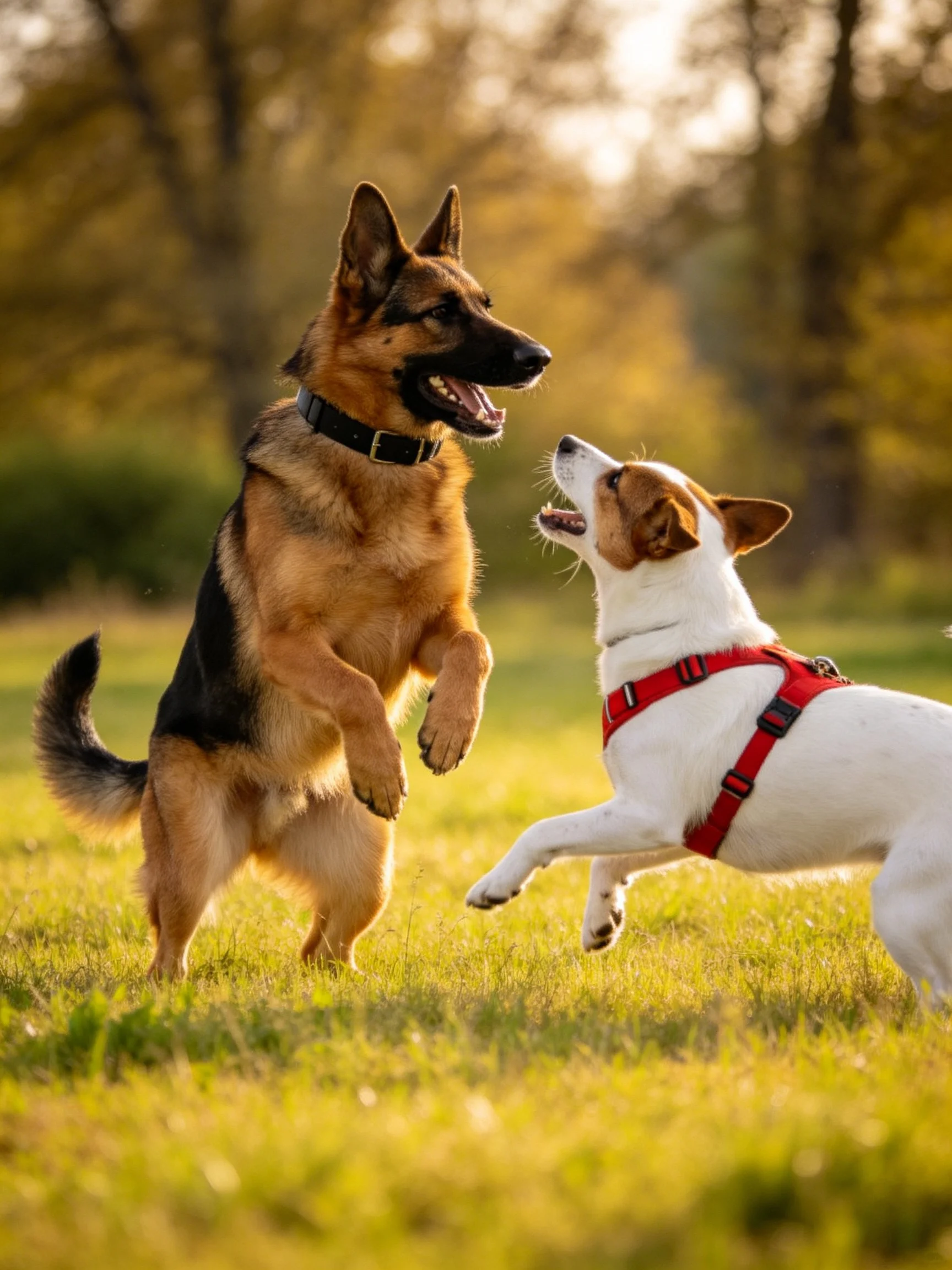 A German Shepherd and a small dog play together on a sunny grassy area