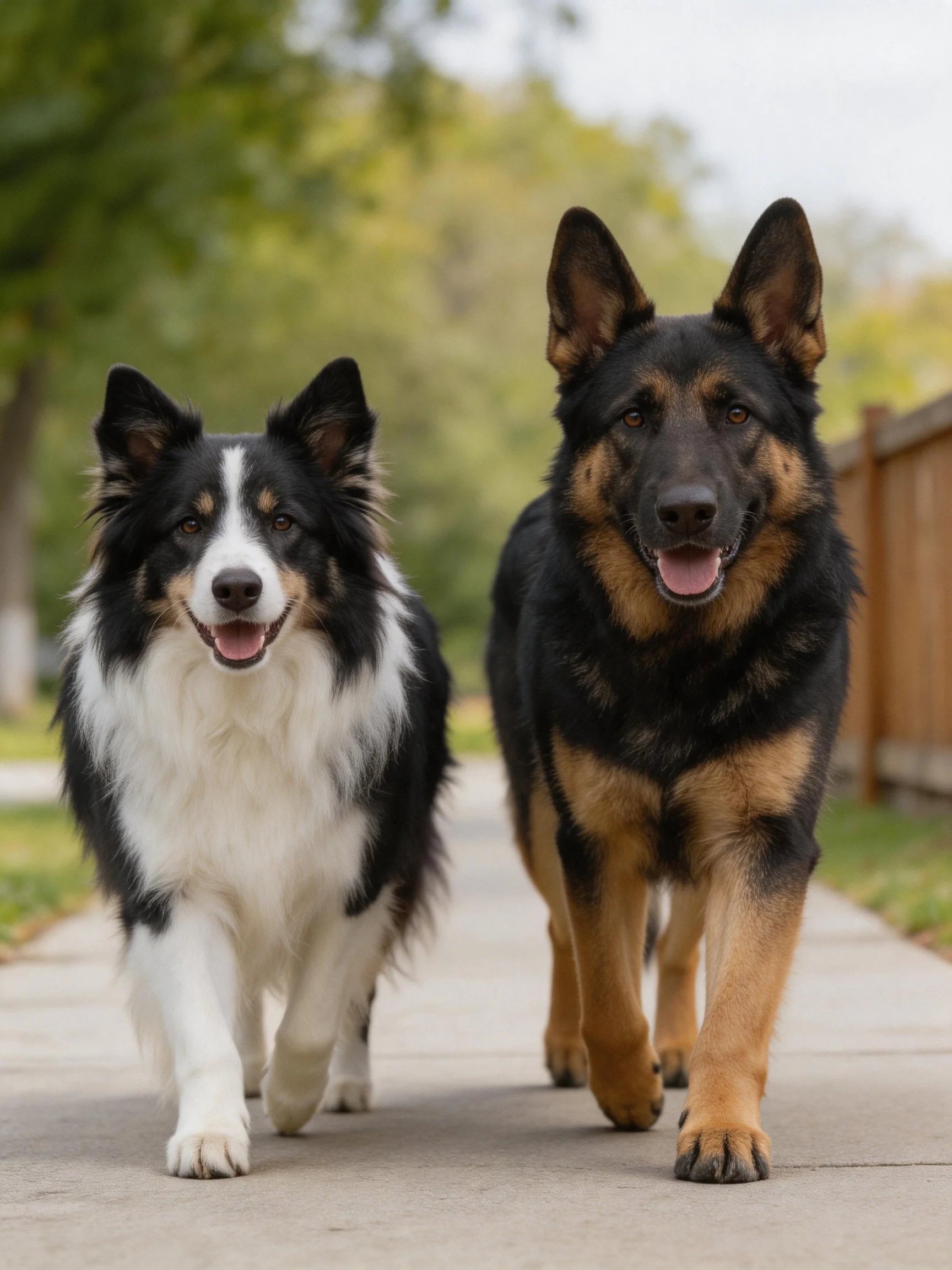 Two dogs of different breeds walk together on an outdoor path.