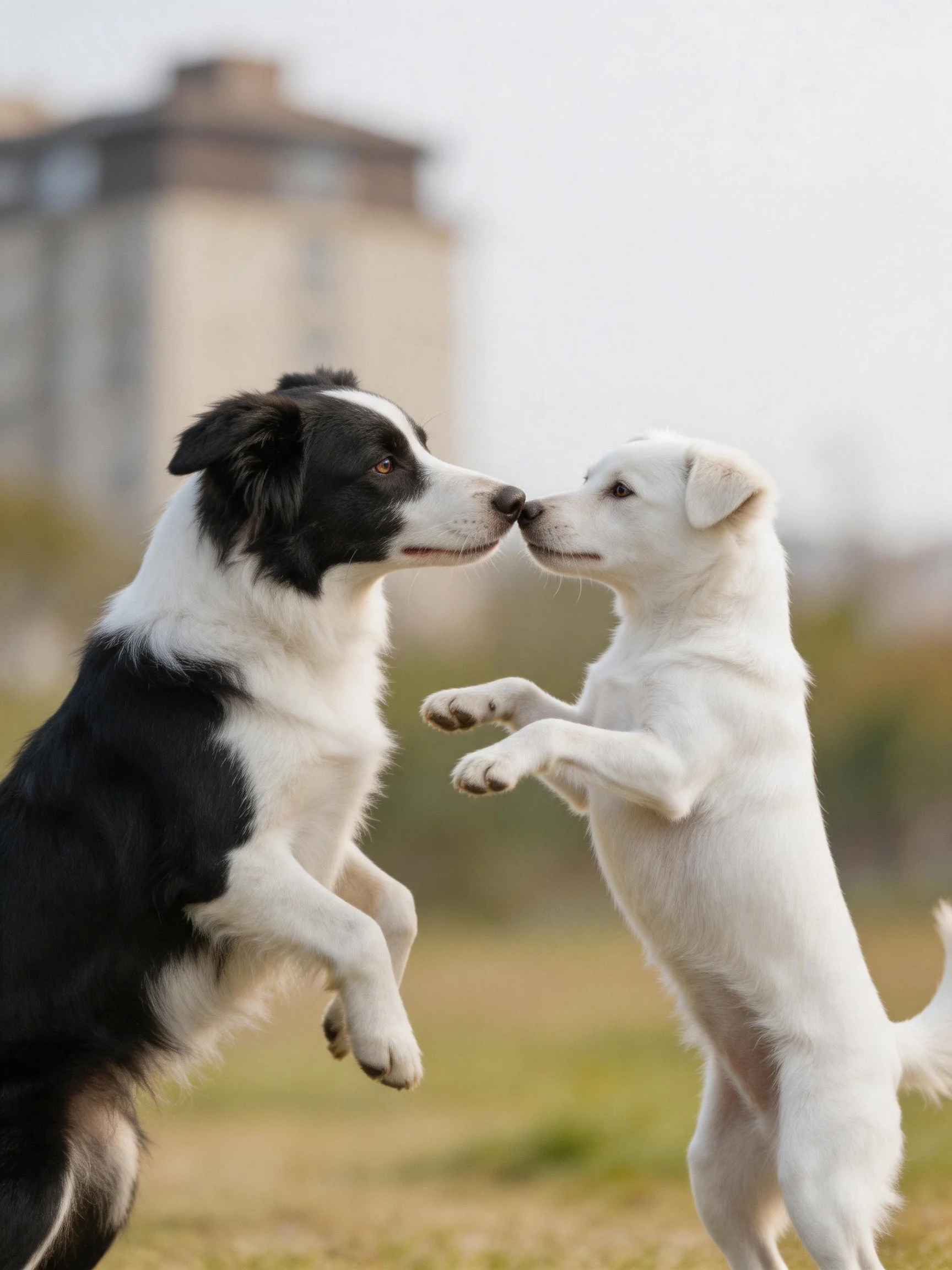 Two dogs of different colors and breeds engage closely face-to-face outdoors.