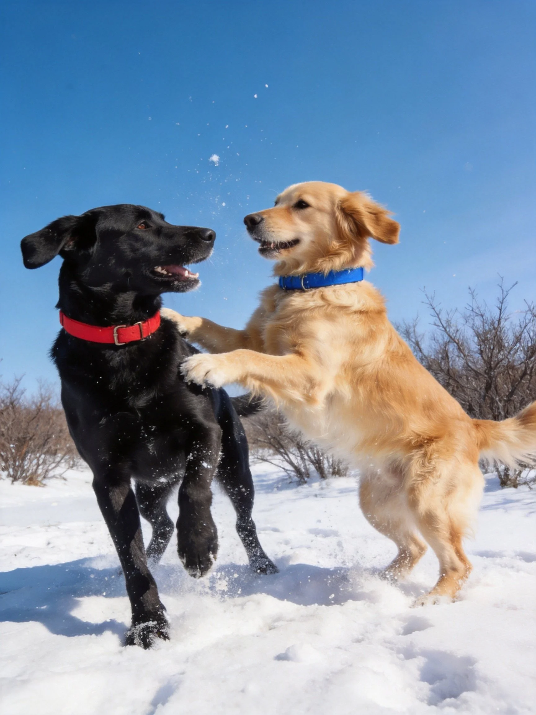 Two dogs play together in a snowy outdoor setting.