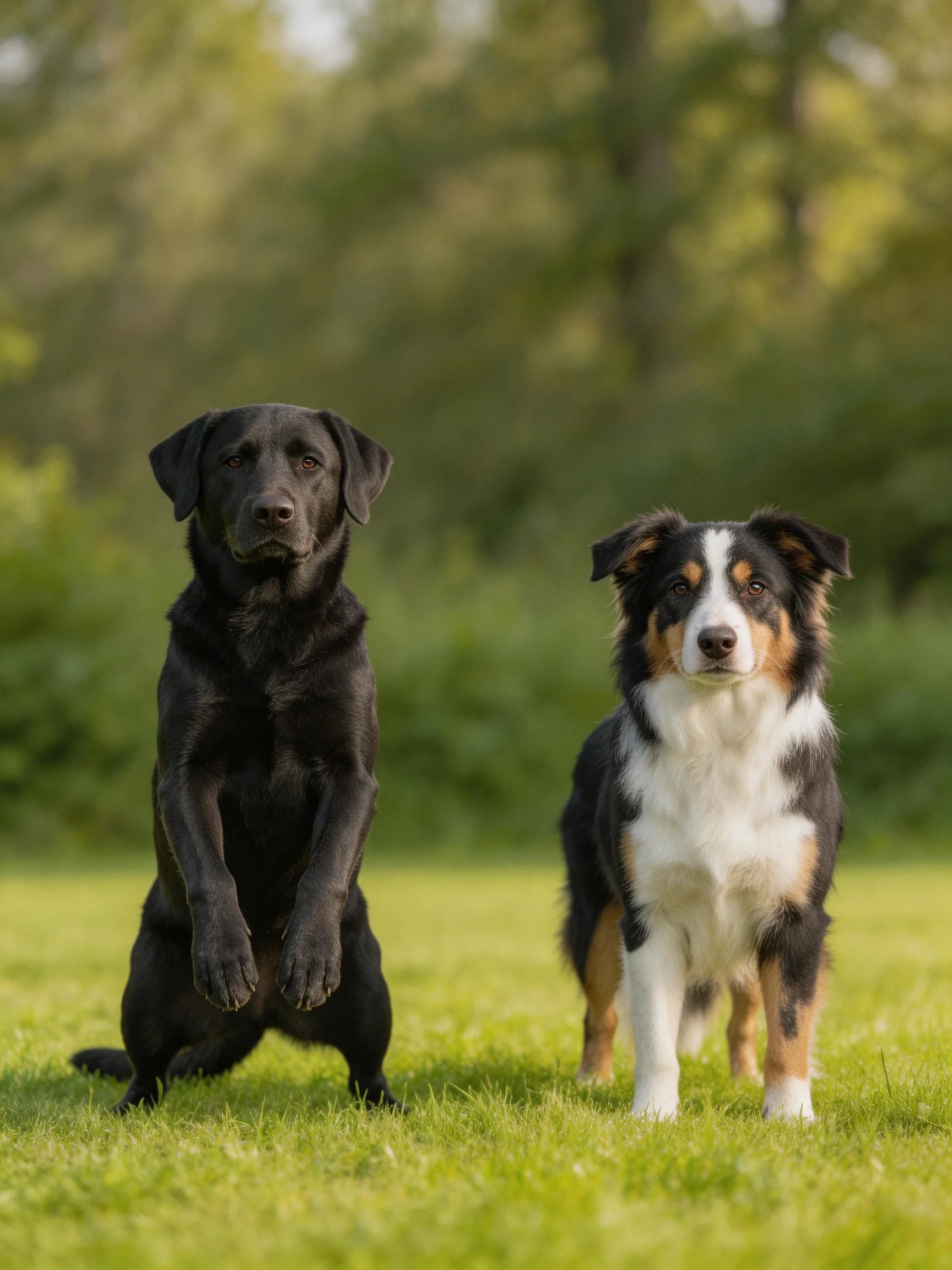 A black dog and a tricolor dog stand side by side on a grassy field.