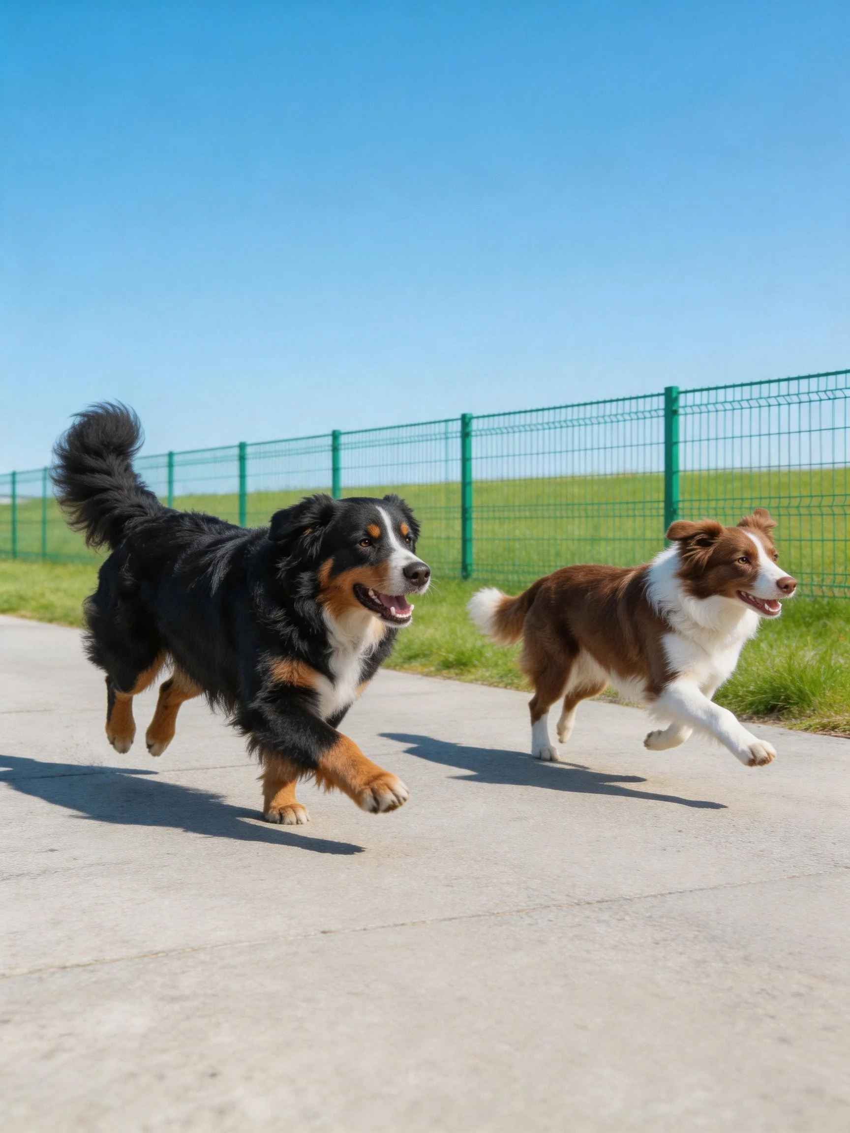Two dogs—one black-tri-colored, one brown-and-white—run on a paved path near a green fence