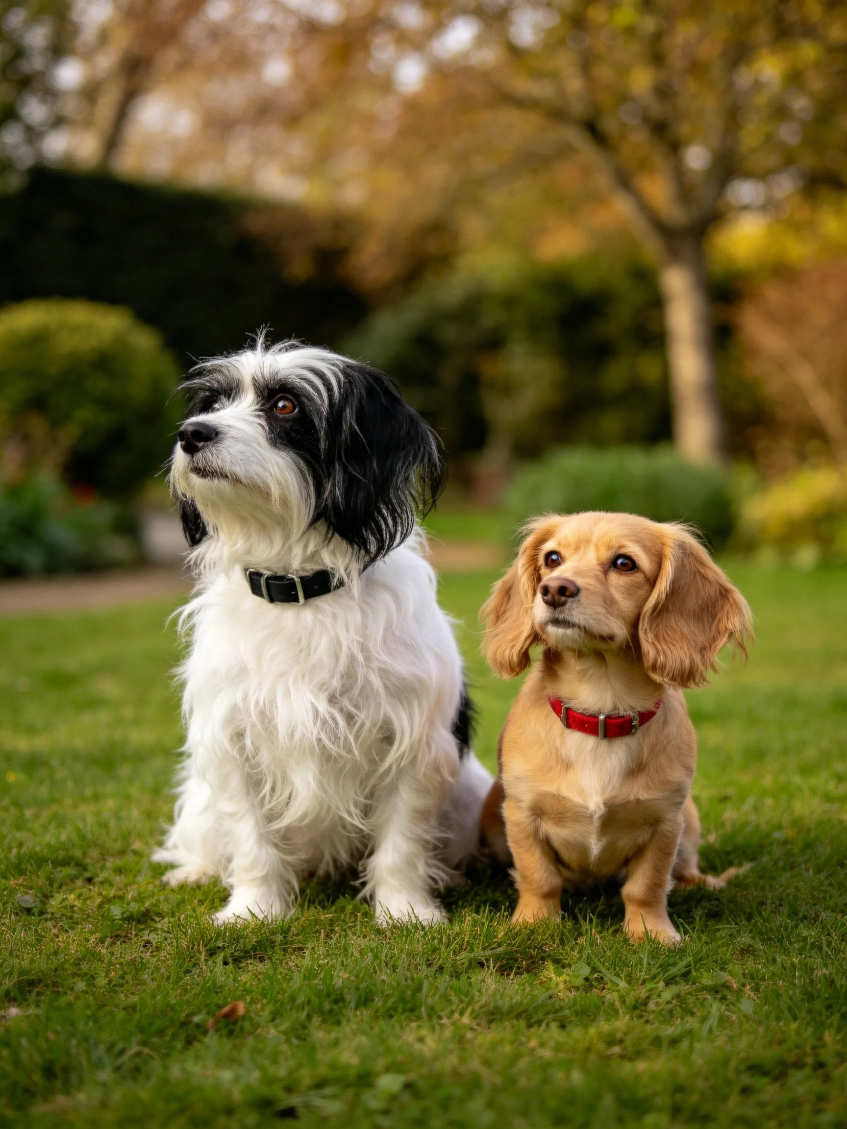 Two dogs of different colors sit together on grass in a garden