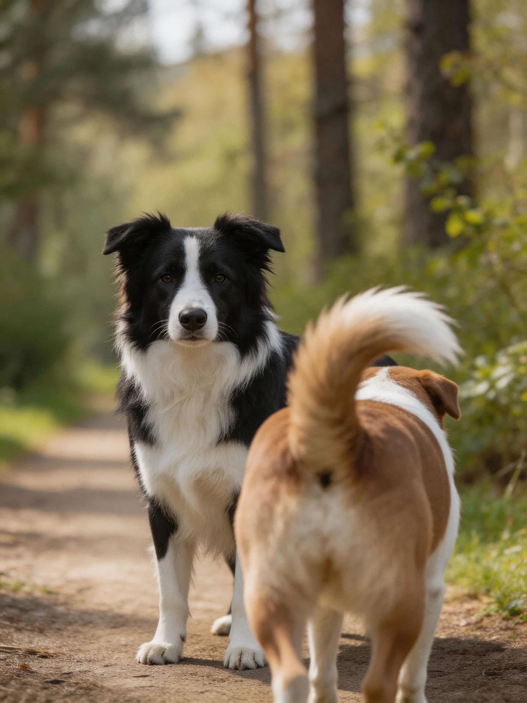 Two dogs, one black - white, one tan - white, stand on a forest dirtpath.