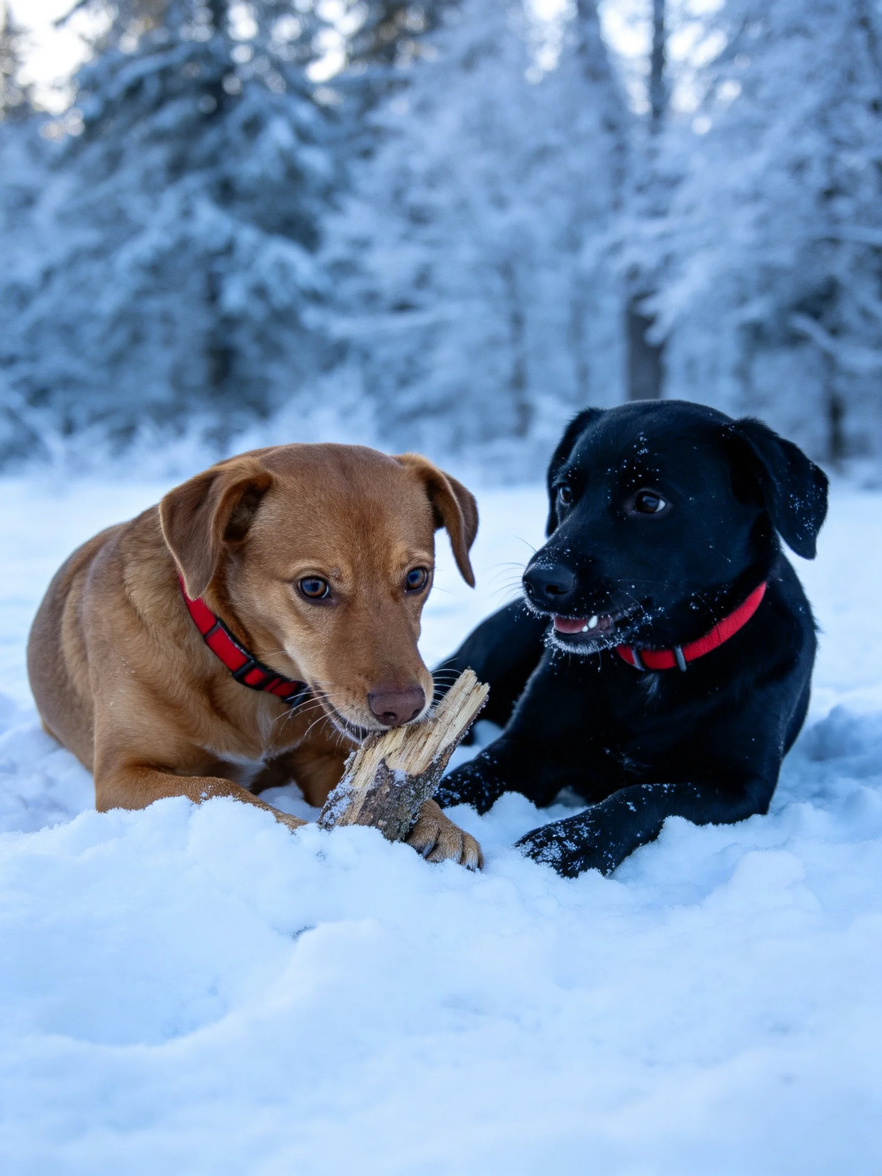Two dogs play with a wooden stick in a snowy landscape