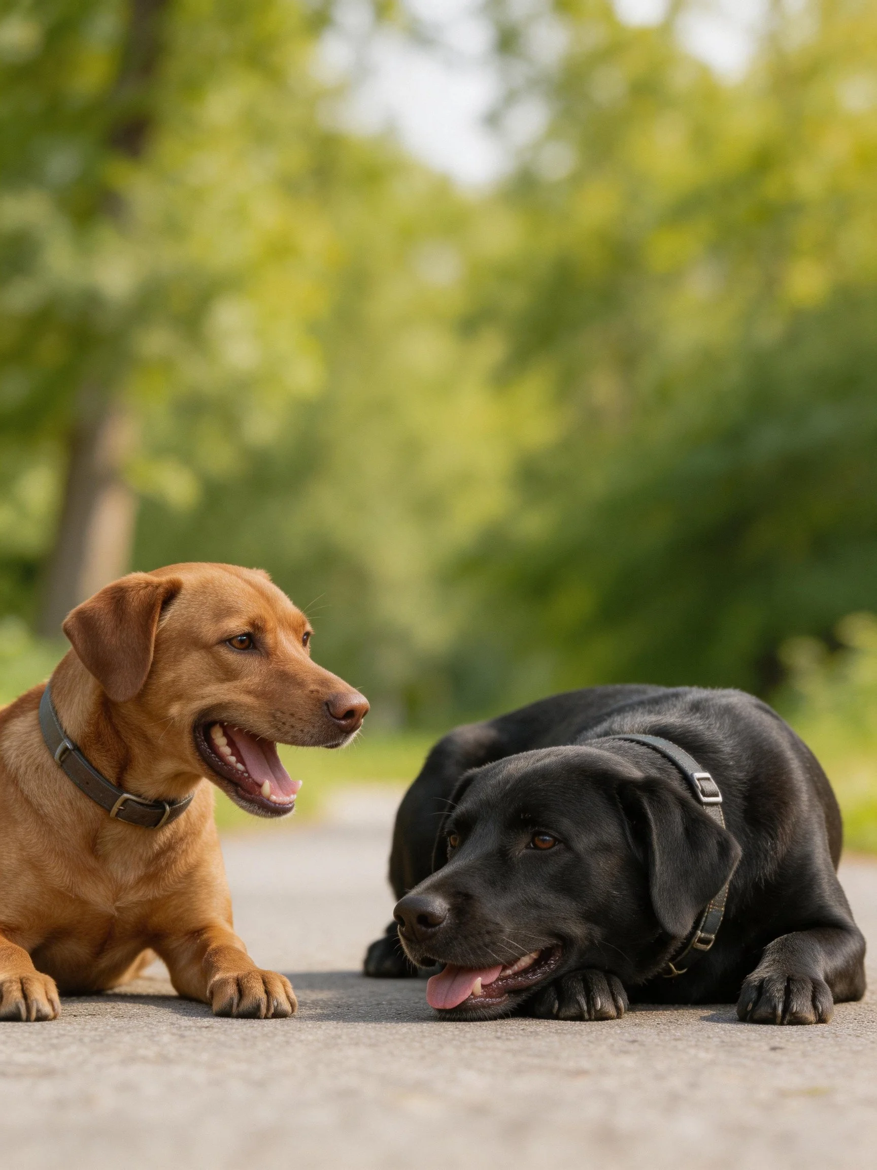 Two dogs relax on pavement in a green, outdoor environment.