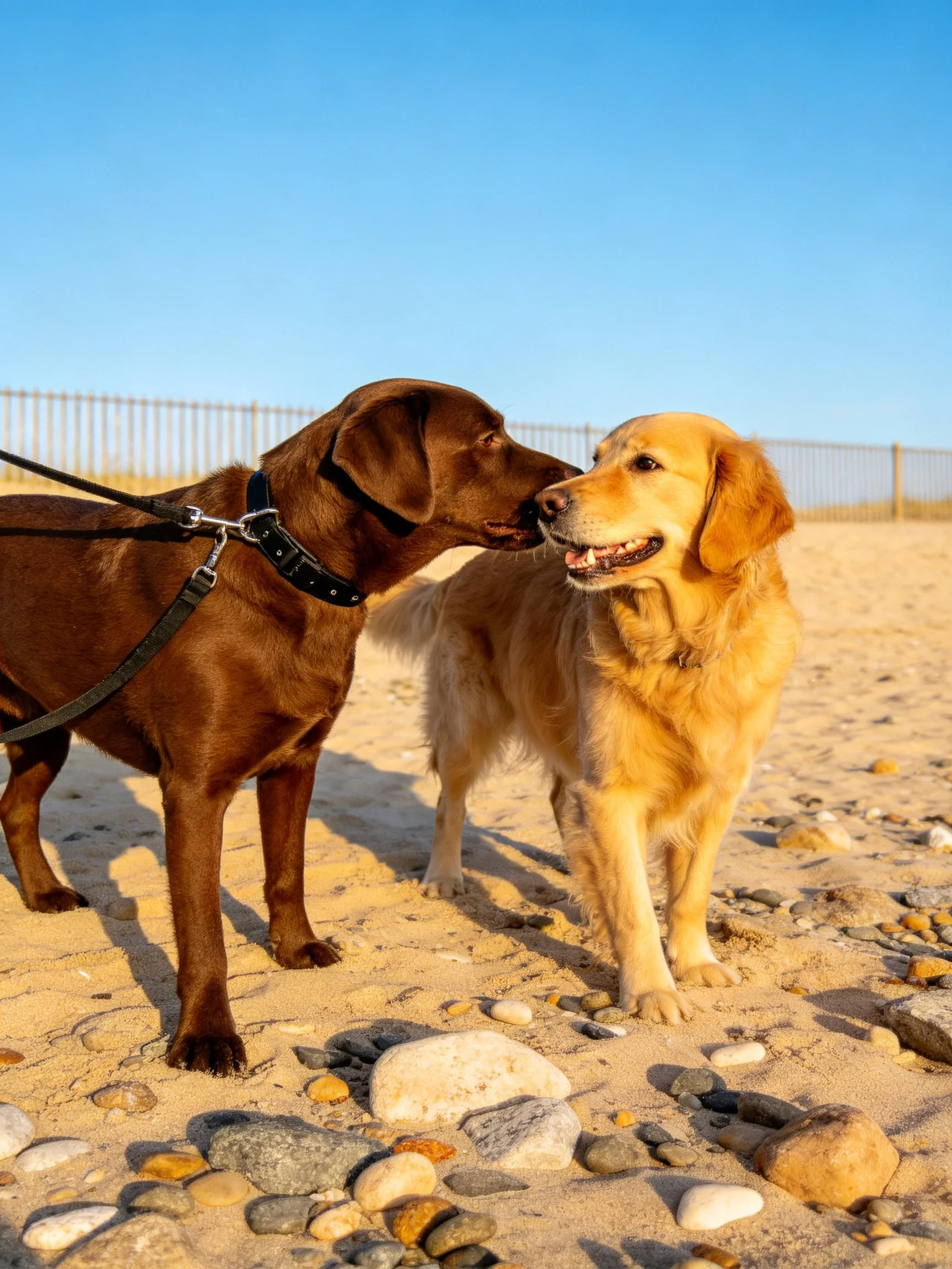 Two dogs interact on a sunny rocky sandy beach