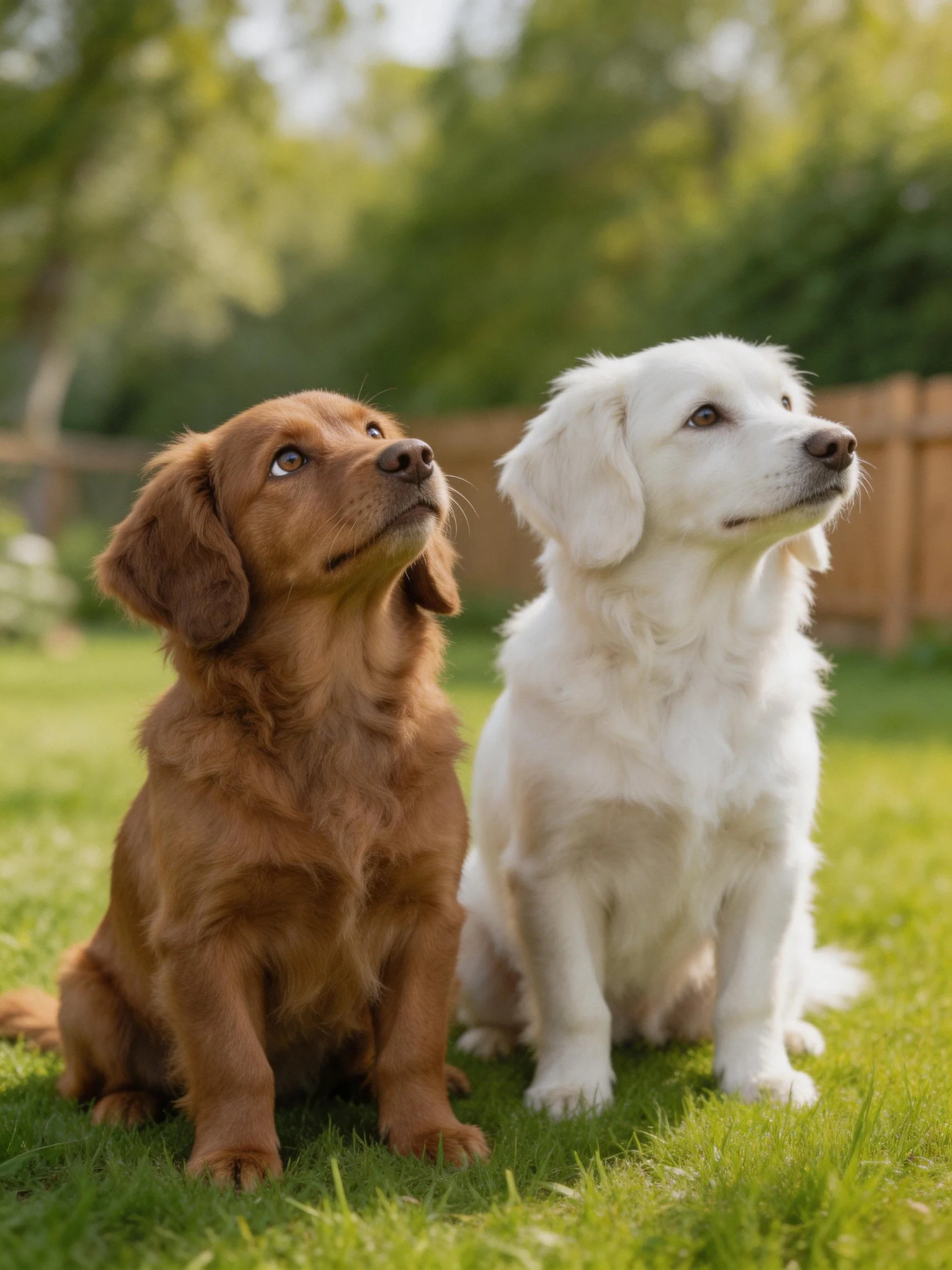 Two dogs sit on grass outdoors, both looking upward