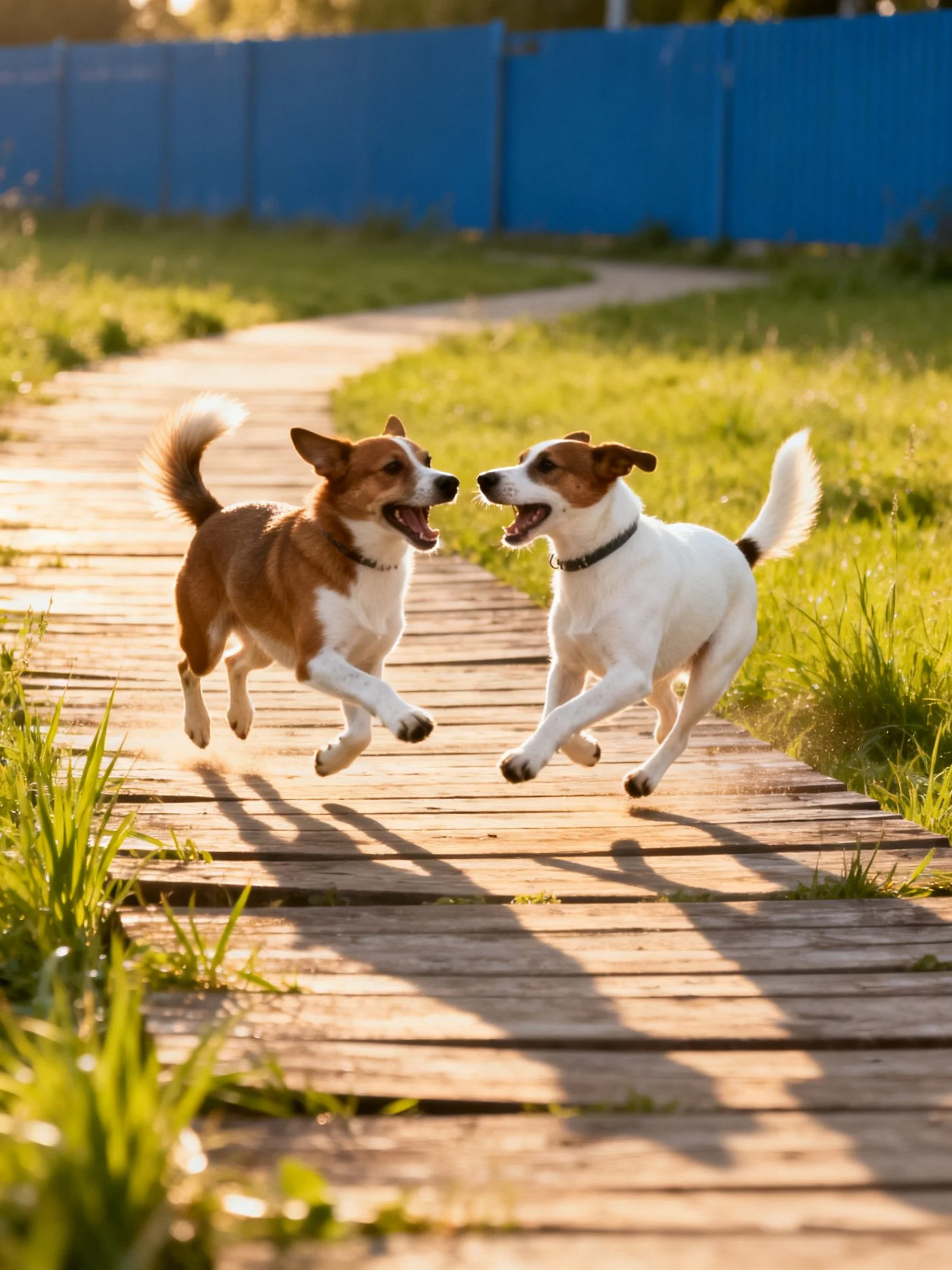 Two dogs play together energetically on a wooden path in bright daylight.